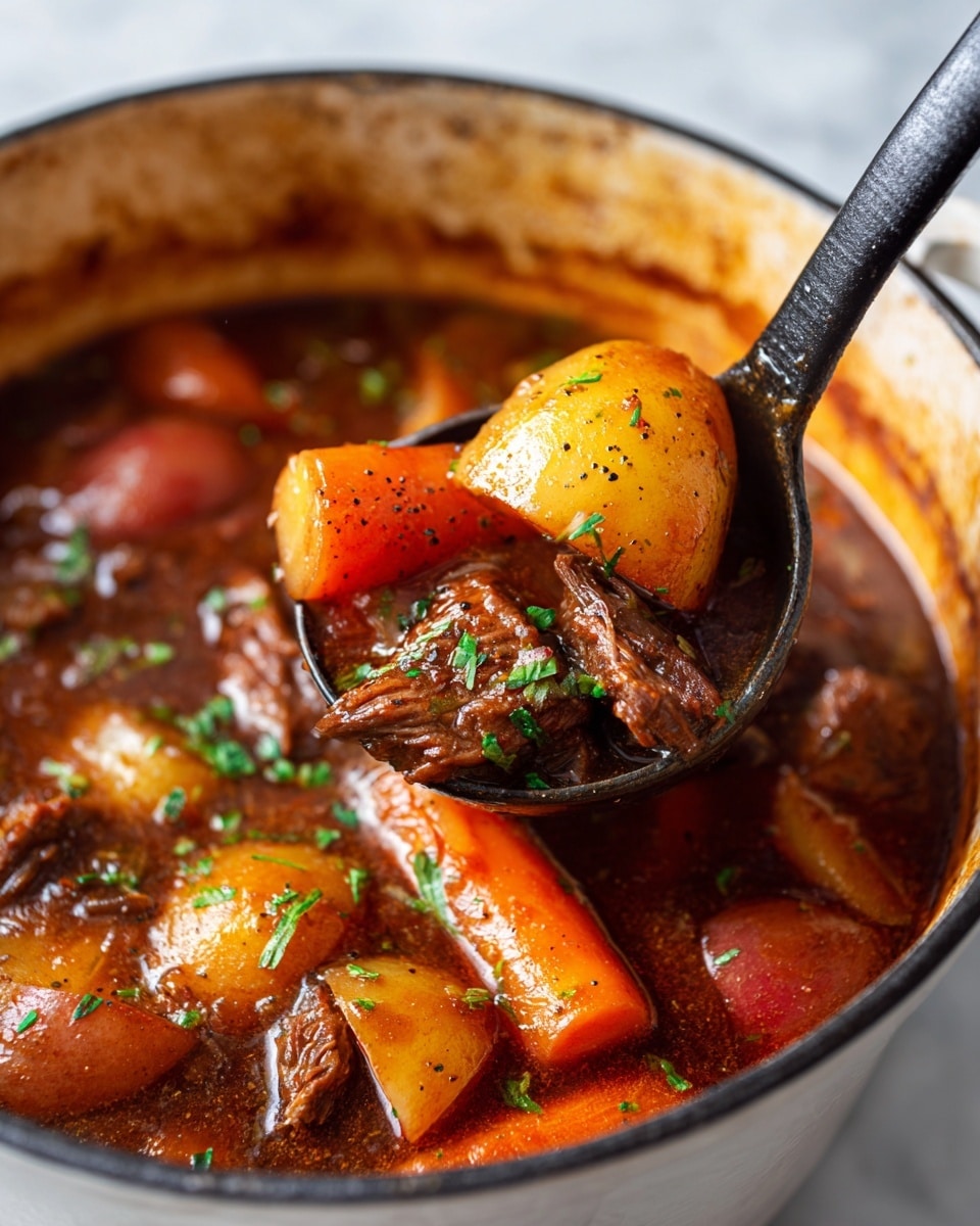 The image shows a close-up of thick brown stew in a white pot, filled with several layers of chunky ingredients. The top layer features large bites of orange carrots, shiny golden onions, and chunks of red-skinned potatoes, all coated in glossy brown sauce with visible black pepper and green herbs sprinkled on top. Beneath the vegetables, tender pieces of browned meat are partly submerged in the rich, smooth sauce. A black ladle is lifting some of the stew, holding a mix of carrots, potatoes, onions, and meat. The pot rim is lightly stained with sauce, and the white marbled surface below the pot gives a clean, bright contrast photo taken with an iphone --ar 4:5 --v 7