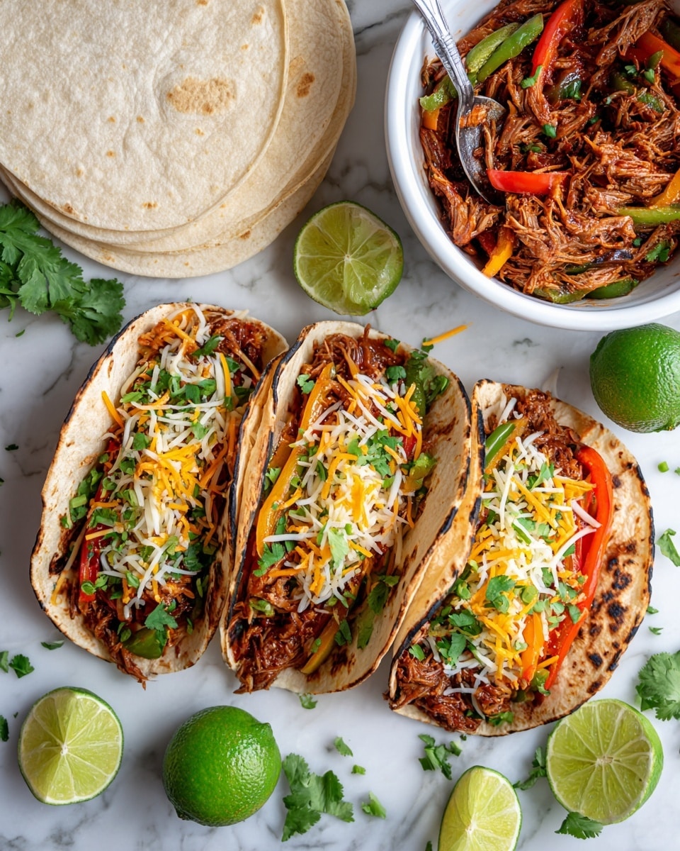 Three tacos lay side by side on a white marbled surface, each taco filled with layers starting from a slightly charred, soft tortilla base. On top of the tortilla is a layer of shredded cooked meat mixed with slices of red and yellow bell peppers, followed by a sprinkle of shredded cheddar cheese, chopped green onions, and fresh cilantro leaves for a pop of green. To the side, there are several lime wedges and whole limes scattered around, with three plain tortillas stacked nearby. Behind the tacos, a white bowl filled with the same shredded meat and peppers is partially visible, with a silver fork resting inside. The whole scene is bright and colorful. photo taken with an iphone --ar 4:5 --v 7