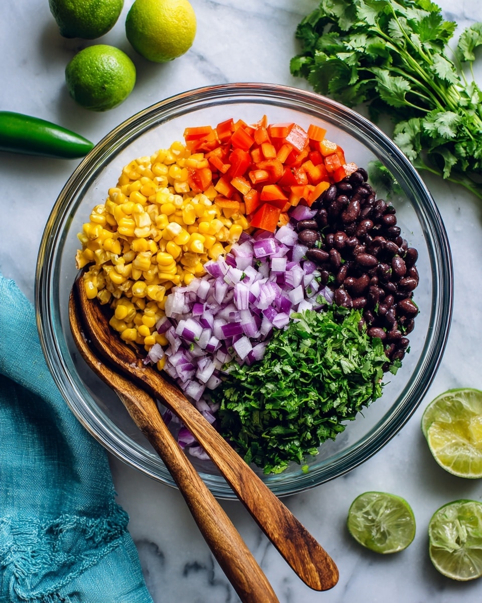 A clear glass bowl on a white marbled surface holds a layered mix of fresh chopped ingredients. The top layer has bright red bell pepper cubes, next to them are finely chopped purple onion pieces. Below the peppers and onions, there is a layer of light yellow corn kernels and black beans scattered on top. To the right, there is a pile of chopped green cilantro leaves. Two wooden spoons rest inside the bowl, one at the left side and the other near the cilantro, where a woman's hand holds the spoon handle. In the background, there are whole limes, a lime half, green cilantro leaves, a blue cloth, and a green jalapeño pepper. Photo taken with an iphone --ar 4:5 --v 7