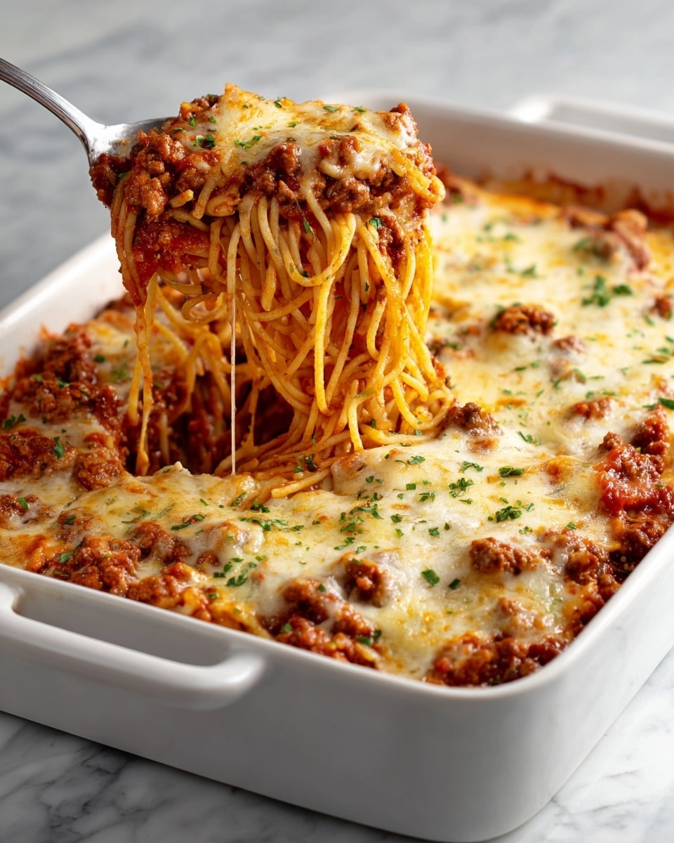 The image shows a white rectangular baking dish filled with baked spaghetti. The dish has visible layers starting with a base of pasta noodles mixed with chunky red tomato sauce and browned ground meat. On top is a melted layer of light golden cheese sprinkled with small green herb bits. A spoon is scooping out the pasta, showing the layers clearly, with the cheese stretching slightly. The dish is set on a white marbled surface. Photo taken with an iphone --ar 4:5 --v 7