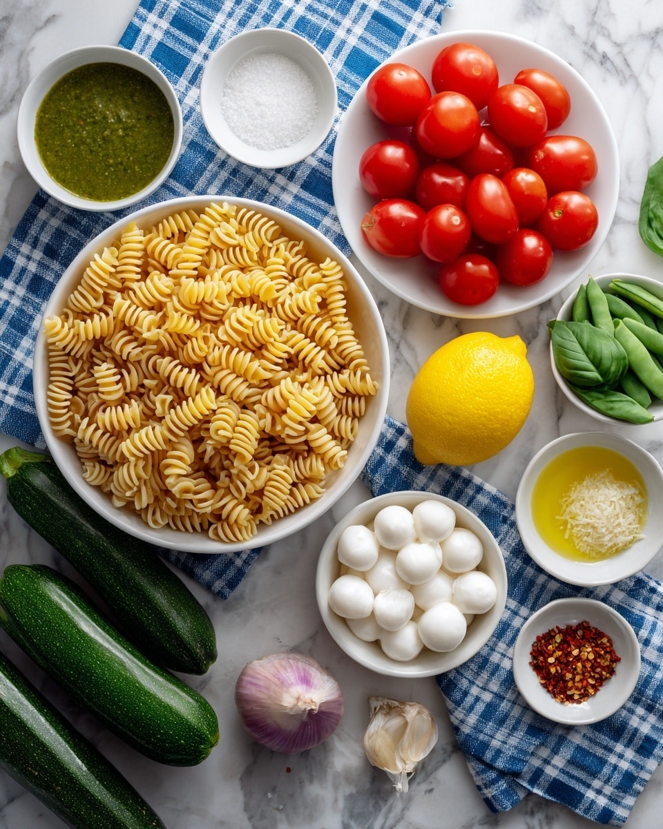 A top view of multiple ingredients on a white marbled surface with a blue and white checkered cloth underneath. In the center, there is a white bowl filled with light tan spiral pasta. To the right of it, a white plate holds many bright red cherry tomatoes. Below that plate, a white bowl contains small white mozzarella balls in a light yellow liquid. Nearby, a whole yellow lemon sits beside a small white bowl filled with salt. Above the lemon, a small white bowl contains a green sauce with a smooth texture. To the left, a dark green zucchini lies on the surface. Above the zucchini, a white bowl is filled with green basil leaves, and next to it, another white bowl contains green snow peas. There is also a small white bowl filled with red chili flakes and a small piece of a cut purple onion on the white marbled surface. photo taken with an iphone --ar 4:5 --v 7