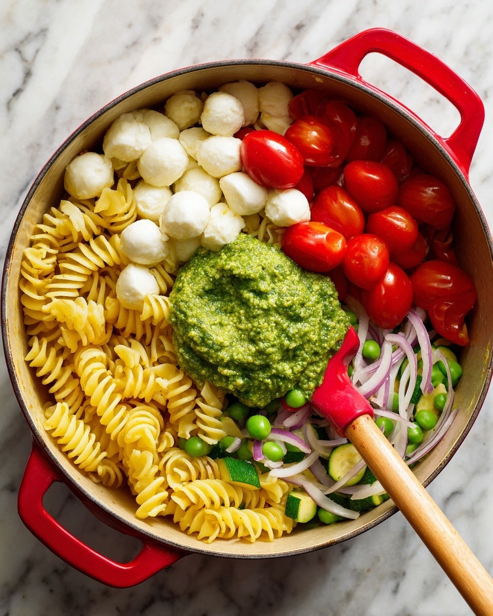 A top view of a round red pot filled with layers of food on a white marbled surface. The bottom layer is yellow spiral pasta mixed with green snap peas and thin slices of light green zucchini and purple onions scattered around. On the right side, there are bright red halved cherry tomatoes. On top, a thick, bright green pesto sauce sits in the middle, partially covered by small white mozzarella balls clustered near the top. A red spatula with a wooden handle rests inside the pot, touching the tomatoes and pesto, ready to mix the layers. Photo taken with an iphone --ar 4:5 --v 7