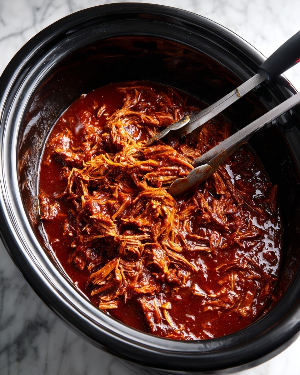 The image shows a black slow cooker filled with thick, shredded meat covered in rich, dark reddish-brown sauce. The meat looks tender and juicy, mixed evenly with the glossy sauce. A pair of silver tongs with black handles rests inside the cooker, partially lifting some of the shredded meat. The whole setup is placed on a white marbled surface. The lighting highlights the shiny texture of the sauce and the softness of the meat. photo taken with an iphone --ar 4:5 --v 7