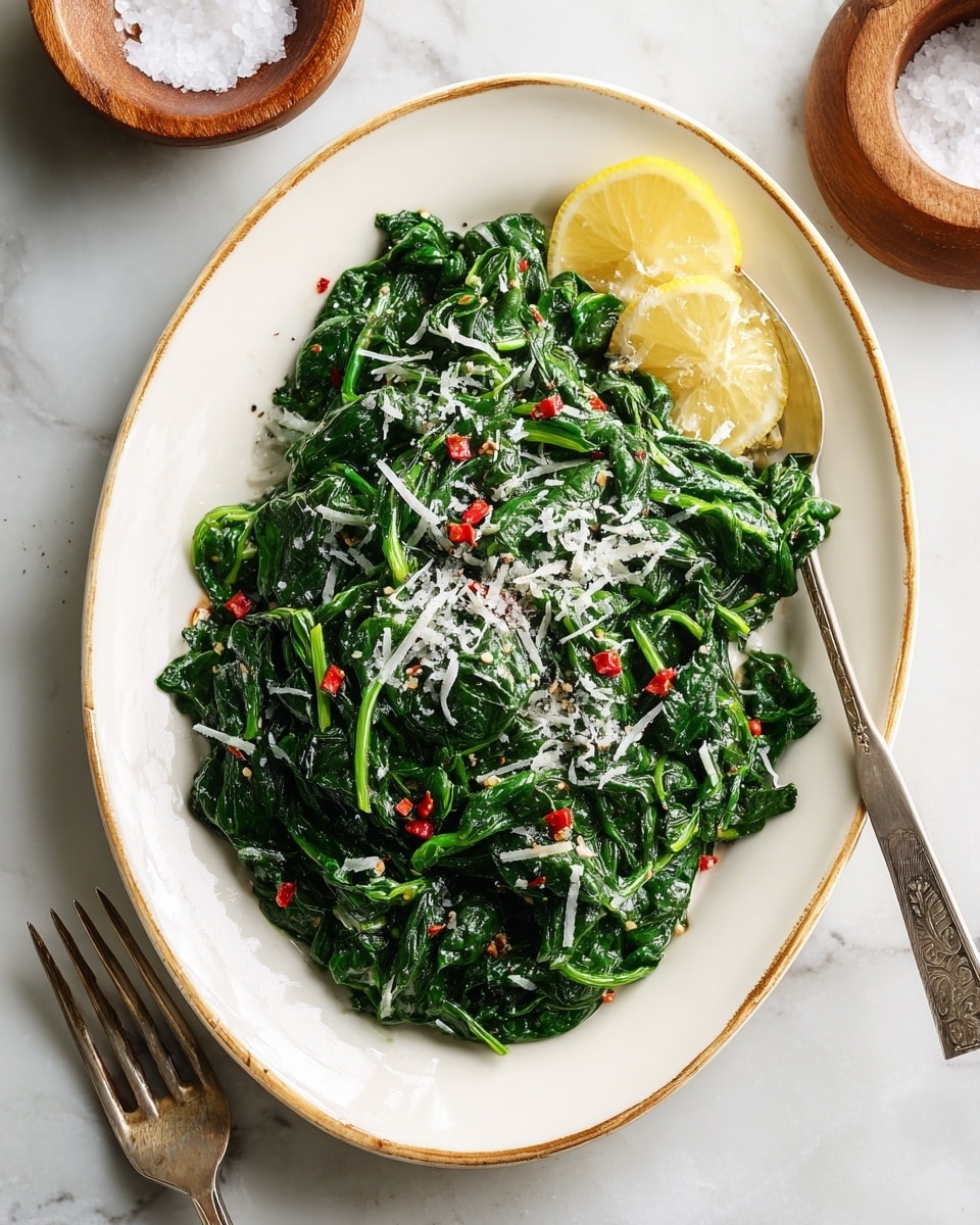 A close-up of a fork holding cooked dark green leafy vegetables mixed with grated white cheese and small red flakes, the fork is lifted above a white pan filled with more of the same green vegetable dish, visible yellow lemon wedges sit around the edge of the pan, all resting on a white marbled surface; the texture of the greens looks soft and slightly shiny from cooking, with the cheese sprinkled unevenly on top photo taken with an iphone --ar 4:5 --v 7