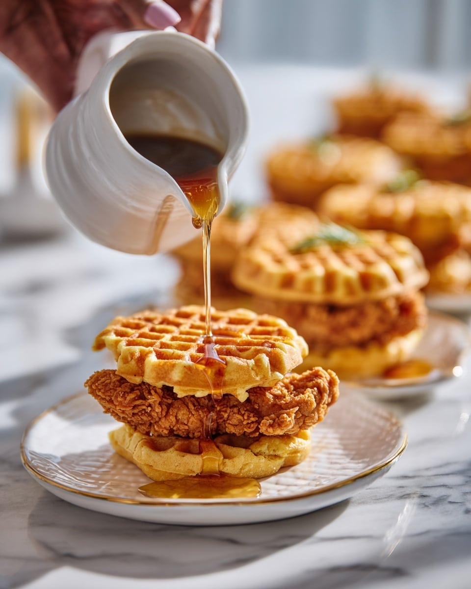 A close-up view shows a woman's hand pouring amber syrup from a small white pitcher onto a mini sandwich made of two light golden waffles with a textured grid pattern, sandwiching a crispy golden fried chicken piece in the middle. The sandwich is on a white plate that sits on a white marbled surface. More mini waffle and chicken sandwiches are placed in the background, slightly out of focus, arranged in a line. photo taken with an iphone --ar 4:5 --v 7