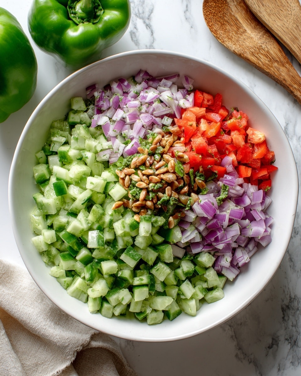 A clear glass bowl shows a layered mix of ingredients on a white marbled surface. The bottom layer is made of chopped green bell peppers, topped by a thick layer of toasted sunflower seeds. Above and around the seeds, diced red onions create a mix of white and purple colors. On one side inside the bowl, there are chunks of hard-boiled eggs with bright yellow yolks and white edges. Small piles of reddish-brown paprika, light beige garlic powder, and black pepper powder are sprinkled on top of the onions. On the far right, bright yellow pepperoncini slices add a pop of color. The background is a soft blue fabric texture. Photo taken with an iphone --ar 4:5 --v 7
