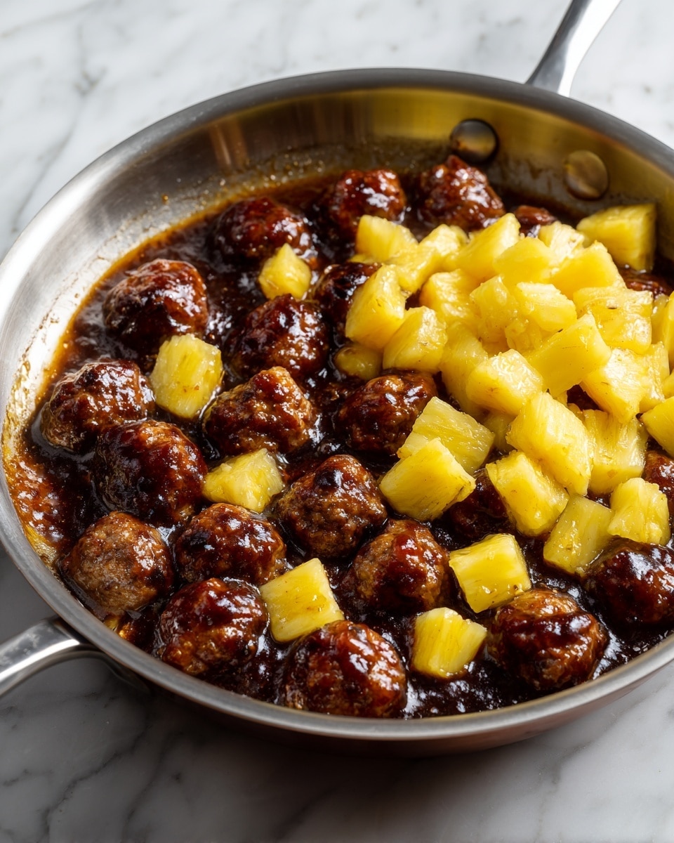 A shiny metal pan holds a dish with two main layers: the bottom layer is made of small, round meatballs, some of which are covered with a thick, glossy dark brown sauce, while the top layer is a pile of bright yellow pineapple chunks with a juicy, slightly translucent texture sitting directly on the meatballs; the pan rests on a white marbled surface with soft natural lighting. photo taken with an iphone --ar 4:5 --v 7