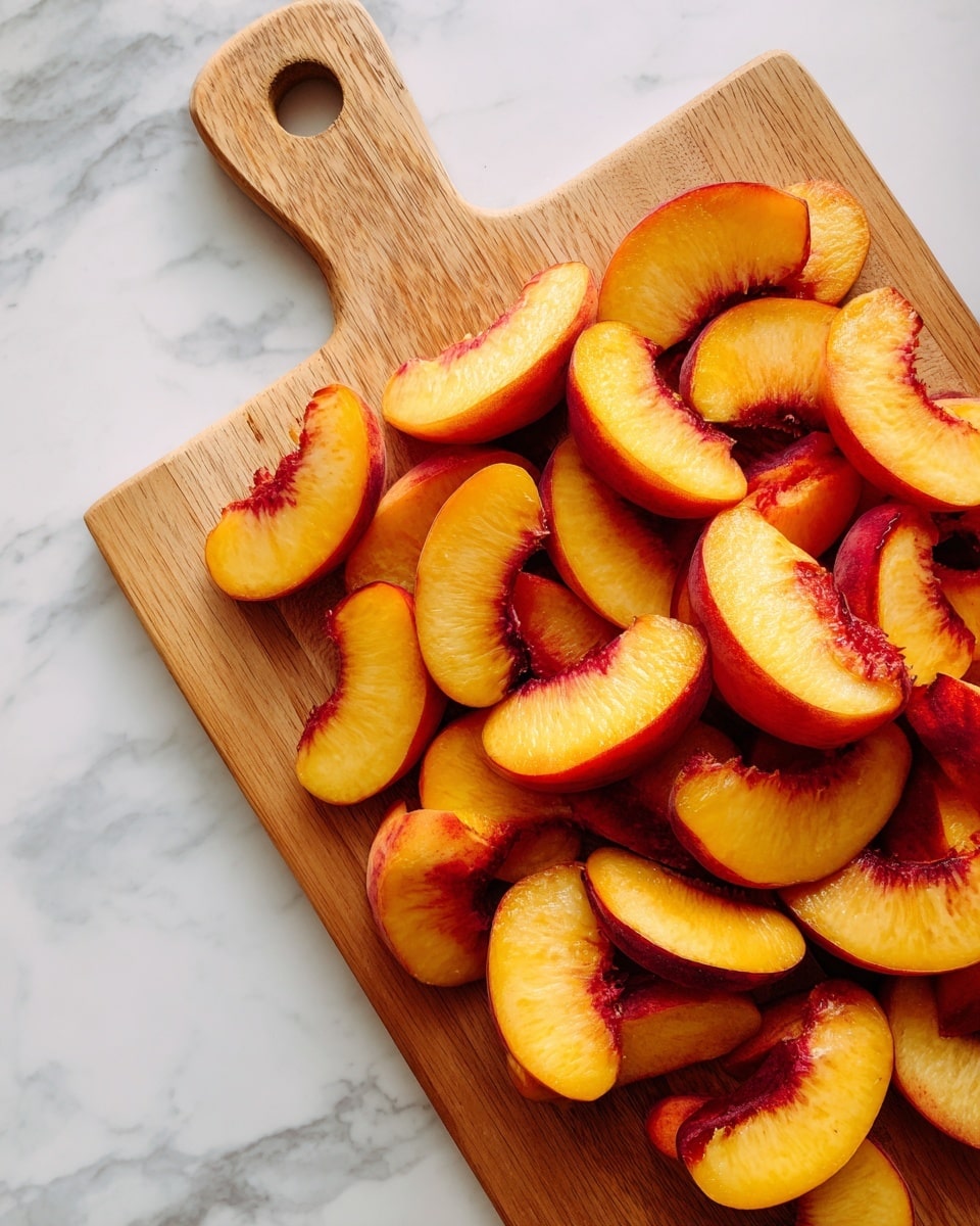 A wooden cutting board filled with many juicy peach slices stacked unevenly. The peach slices show bright yellow flesh with reddish edges and smooth skin, creating a mix of warm yellow and red colors. The board is placed on a white marbled surface, which adds a soft texture and light contrast to the colorful fruit on top. The light shines from above, highlighting the peach's shiny, fresh look. photo taken with an iphone --ar 4:5 --v 7