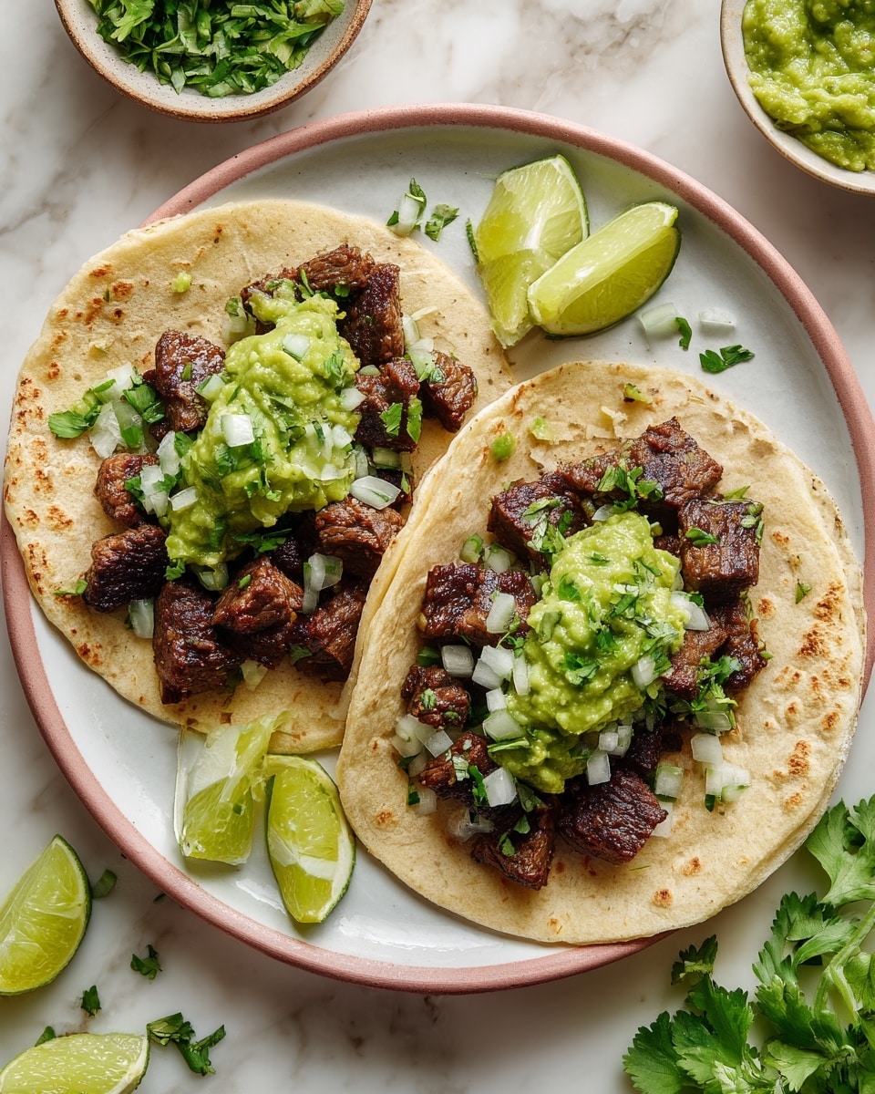 Two tacos are on a white plate with a light pink rim, placed on a white marbled surface. Each taco has a soft toasted tortilla base, light cream with char marks, topped with dark brown grilled meat chunks. Over the meat is a bright green salsa with a slightly liquid texture, and a dollop of chunky green guacamole sits on top. White diced onions and chopped green cilantro are scattered over the tacos and plate. Next to the tacos are three lime wedges with bright green skin and pale green inside. A small white bowl of green salsa and a small white bowl of finely chopped cilantro sit nearby on the surface next to a striped cloth napkin. Photo taken with an iphone --ar 4:5 --v 7