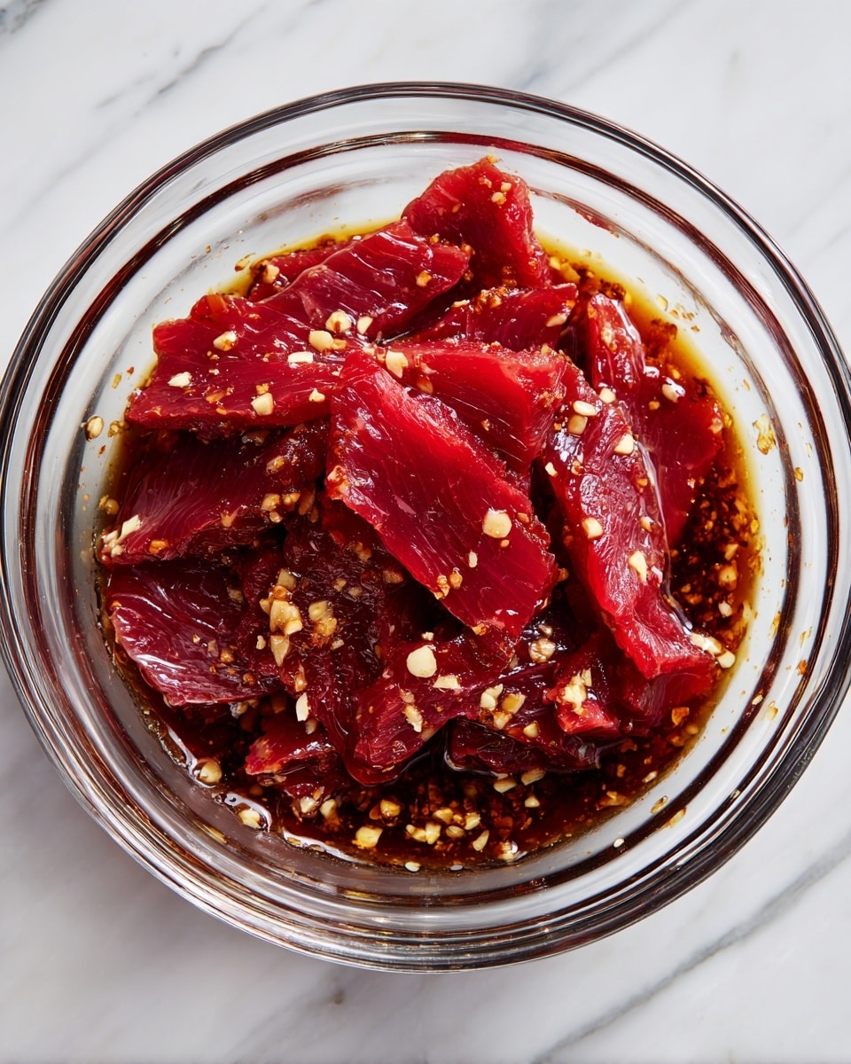 A clear glass bowl sits on a white marbled surface, filled with strips of raw beef. The beef is deep red and marbled with thin streaks of white fat. The meat is partially covered in a dark brown marinade with visible small bits of garlic or spices, pooling slightly at the bottom of the bowl. Photo taken with an iphone --ar 4:5 --v 7