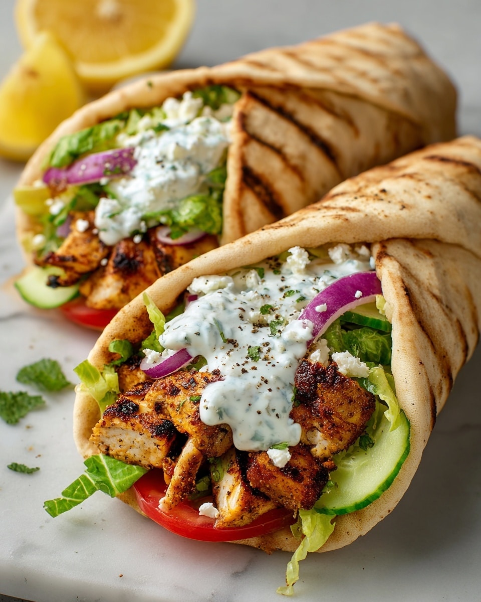 Two pita wraps are filled with layers of grilled golden-brown seasoned pieces, fresh green lettuce, red tomato slices, and thin slices of cucumber and red onion. The top of each wrap is covered with creamy white sauce and crumbled white cheese, sprinkled with black pepper. The pita bread is light brown with toasted spots. The wraps are resting on a white marbled surface with lemon slices and green herbs blurred in the background. photo taken with an iphone --ar 4:5 --v 7