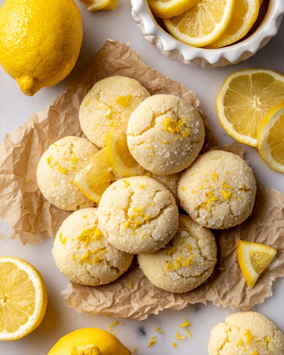 The image shows a group of soft lemon cookies placed closely together on crumpled light brown paper. Each cookie is round, light yellow, and coated with a sprinkling of sugar crystals on top, giving a slightly shiny and textured look. Small bits of bright yellow lemon zest are scattered over the cookies, adding color and detail. One cookie near the center has a small slice of lemon placed on top for decoration. Surrounding the cookies are whole and sliced lemons with vibrant yellow color, and in the upper right part, there is a white scalloped bowl filled with lemon slices. The whole scene sits on a white marbled surface that adds a clean, subtle background. photo taken with an iphone --ar 4:5 --v 7