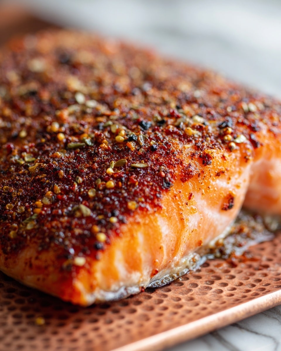 A close-up of a cooked salmon fillet with a thick layer of spice rub on top. The spice layer is rough with red, brown, and black colors, showing pepper and herbs. The salmon underneath has a slightly light pink color with visible soft texture and clear skin edges. The fish sits on a copper grill with small round holes, and the background has a white marbled texture. photo taken with an iphone --ar 4:5 --v 7