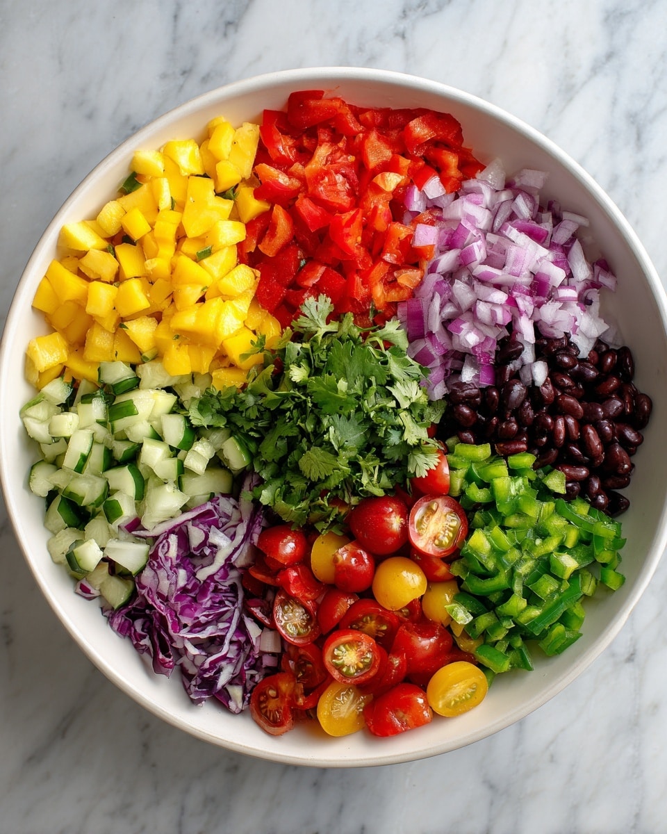 A large white bowl contains a colorful salad arranged in separate sections. Starting from the top left, there is a bright yellow diced mango layer, next to it is a red chopped bell pepper layer, followed by a layer of finely chopped red onion. To the right, there are medium-sized cucumber pieces and a section of black beans. The bottom right has finely chopped green bell peppers, next to that is a pile of shredded purple cabbage, and moving left, there are halved cherry tomatoes mixed with some chopped red onion. In the center of the bowl is a fresh green cilantro layer. The bowl is placed on a white marbled surface. Photo taken with an iphone --ar 4:5 --v 7
