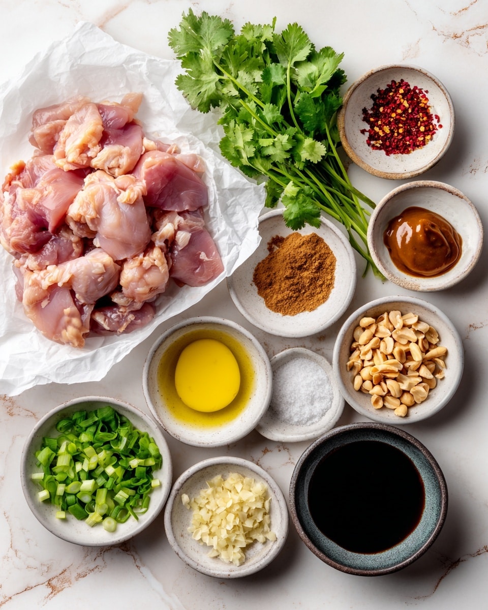 Raw pink chicken pieces are placed on a white crumpled paper on the left side, with fresh green cilantro leaves next to it. To the right, there are nine small white bowls arranged in neat rows, each holding different ingredients: crushed red pepper flakes in a light brown bowl, light brown powder in a reddish-brown bowl, white salt in a dark gray bowl, finely chopped pale yellow garlic, chopped green onions, dark soy sauce, crushed light brown peanuts, light yellow lemon juice, thick light brown peanut sauce, and a small amount of dark amber liquid. The surface is a white marbled texture. Photo taken with an iphone --ar 4:5 --v 7