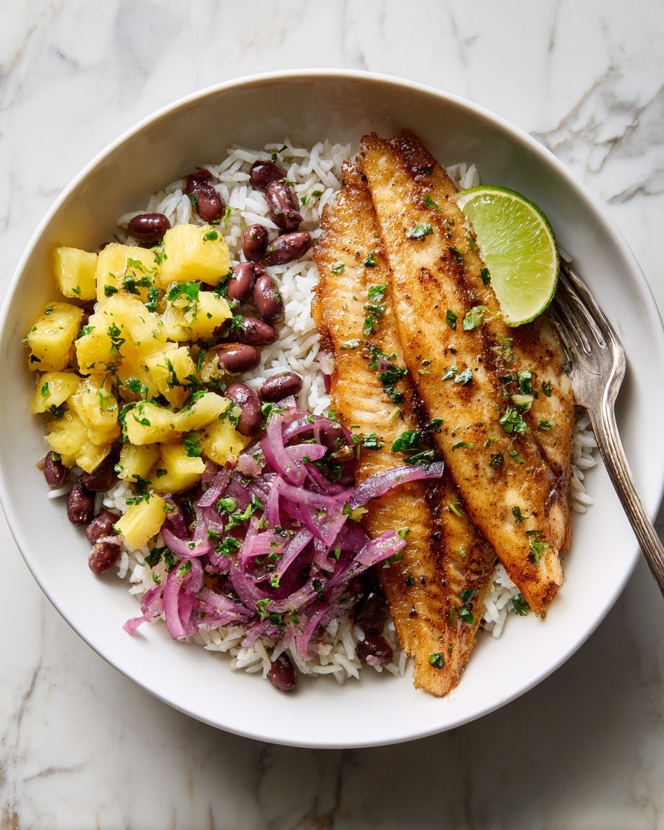 A white bowl holds a bed of white rice mixed with small brown beans and thin slices of purple onion, scattered with green herbs. On top, there are two golden-brown, cooked fish fillets with a lightly crispy texture. To one side, there is a bright yellow pineapple salsa made of small pineapple cubes, finely chopped red onion, green herbs, and tiny green chili pieces. A green lime wedge rests near the fillets, and a silver fork is placed on the rice near the top right of the bowl. The background is a white marbled surface. Photo taken with an iphone --ar 4:5 --v 7