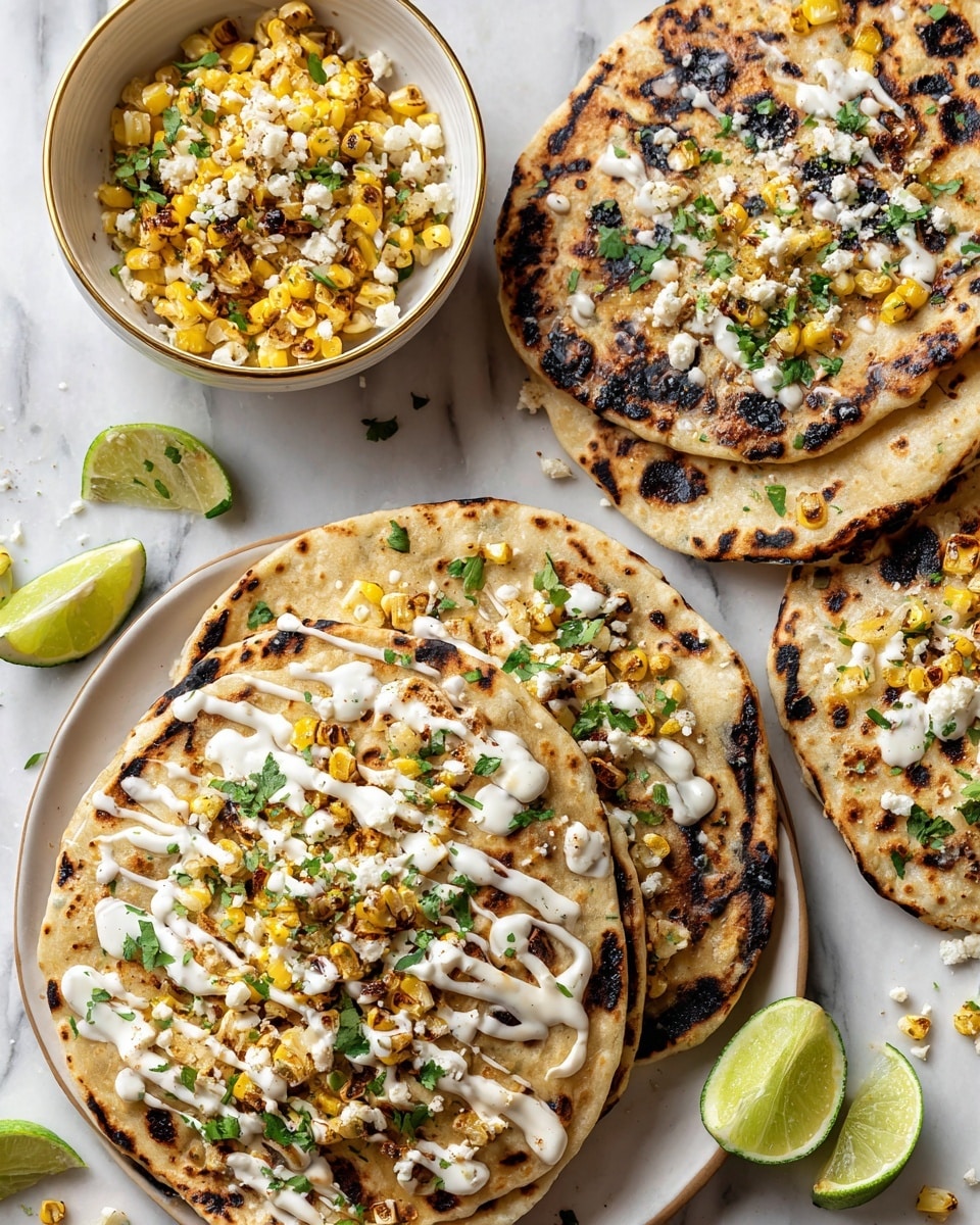 The image shows a close-up of several toasted corn tortillas placed on a white marbled surface, each tortilla has multiple layers starting with a light brown, slightly charred and toasted base with dark spots for texture. On top of the tortillas, there is a layer of fresh, roughly chopped corn kernels in yellow and white, mixed with a creamy white sauce spread unevenly beneath. On top of that, there is a sprinkling of crumbled white cheese which adds a grainy texture, followed by a generous layer of finely chopped green herbs, likely cilantro. A dash of red seasoning and black pepper is visible on top, adding small pops of color. The depth of field focuses sharply on the closest tortilla, making the details vivid while the others blur softly in the background. photo taken with an iphone --ar 4:5 --v 7