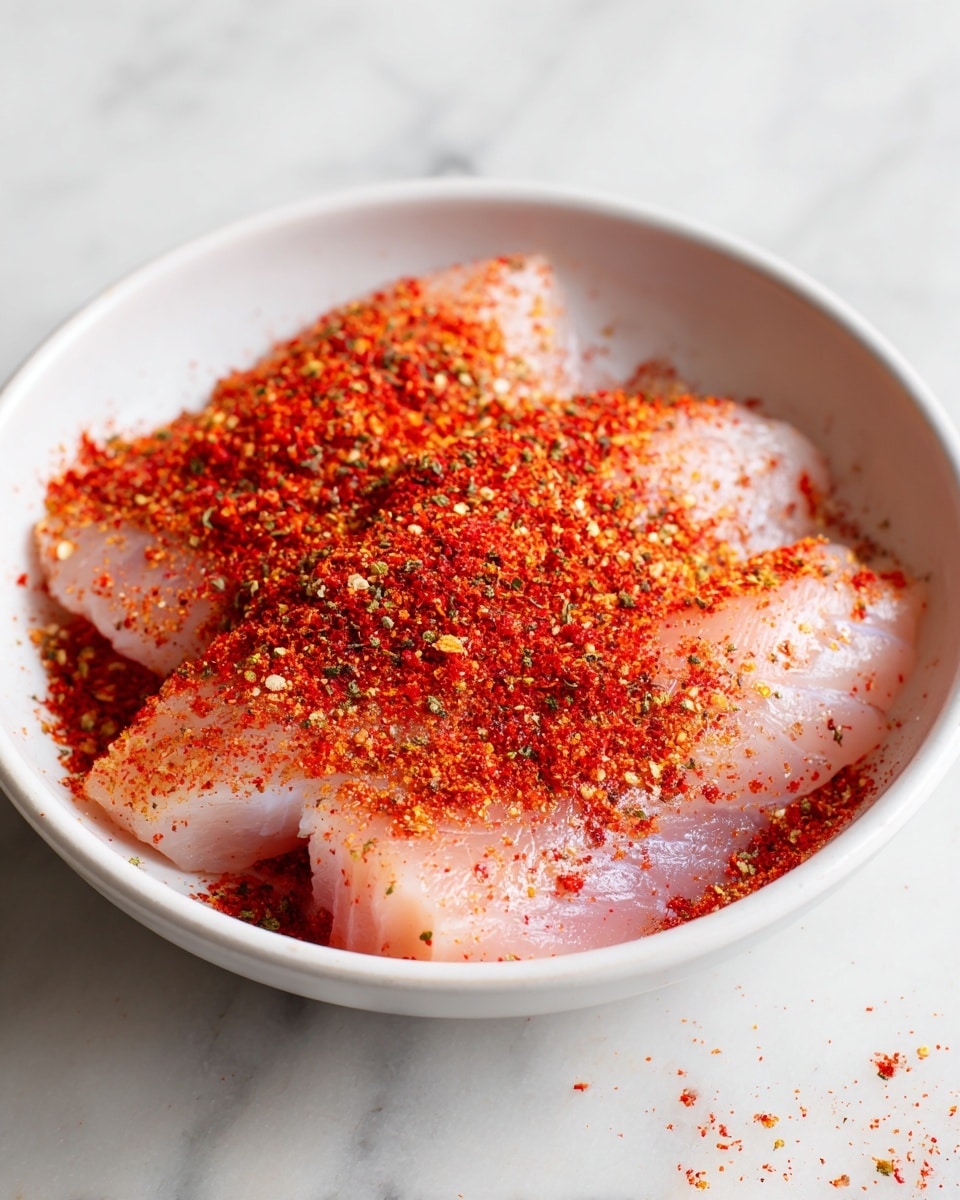 In a white bowl, there are three thin layers of raw light pink fillets stacked closely. On top of the fillets, an even layer of bright red-orange seasoning powder is sprinkled all over, with hints of coarse black and green spices mixed in, giving a textured look. The bowl sits on a white marbled surface, and a small amount of the seasoning has spilled outside the bowl's edge. photo taken with an iphone --ar 4:5 --v 7