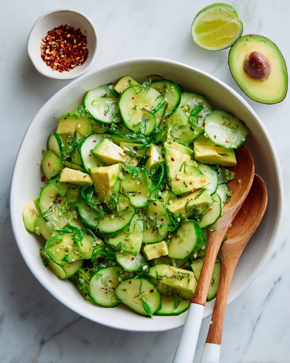 A white bowl filled with a fresh salad made of three main layers: bright green sliced cucumber with soft edges, creamy light green avocado chunks, and chopped dark green herbs sprinkled on top alongside small pieces of green onion; two wooden serving spoons with white handles rest inside the bowl on a white marbled surface, with a half lime, avocado halves showing seed and inside texture, and a small white bowl with red pepper flakes placed nearby; the salad has a fresh and natural look with some seeds and herbs scattered around photo taken with an iphone --ar 4:5 --v 7