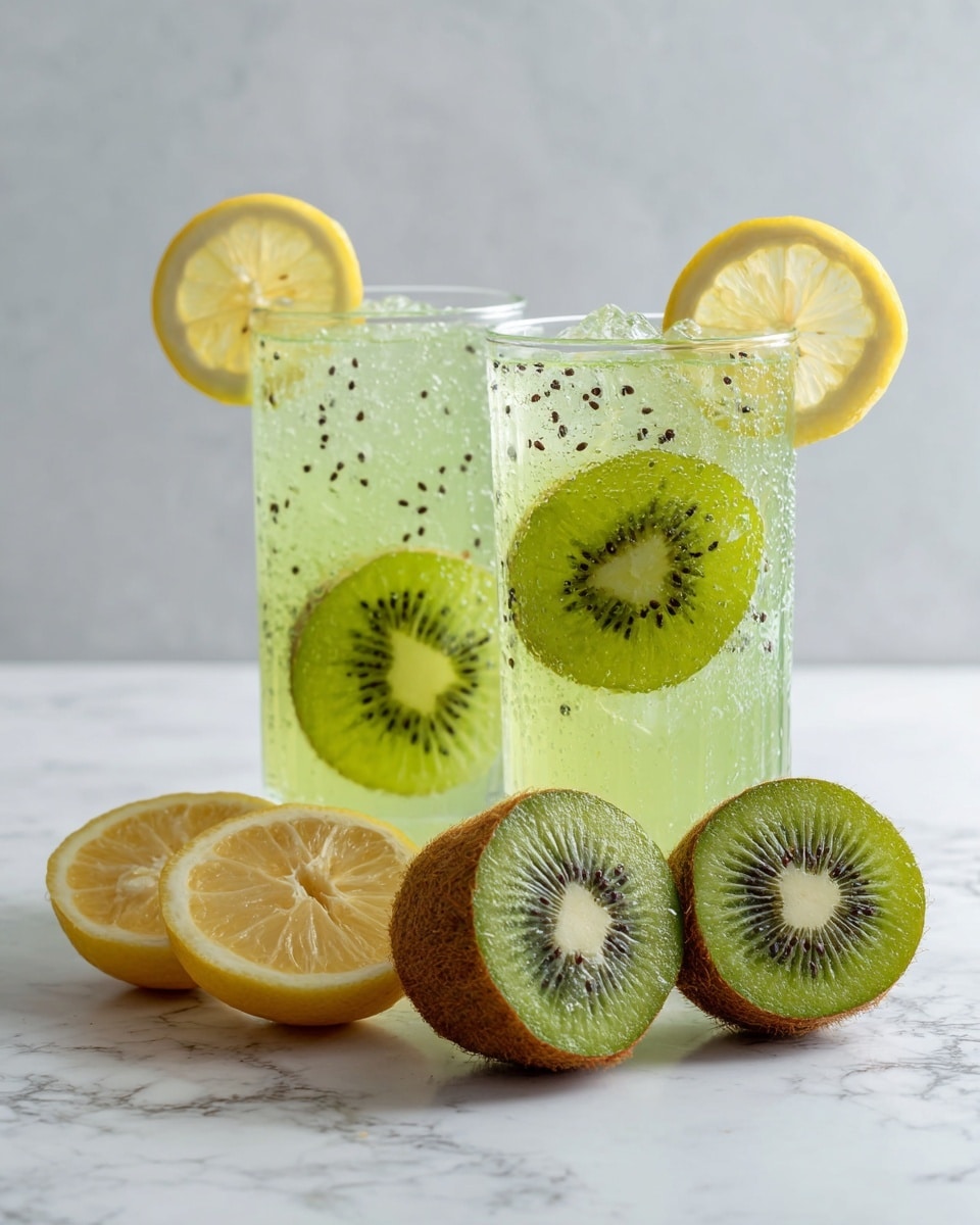 The image shows two clear glasses filled with light green liquid containing small black kiwi seeds, each glass garnished with a thin lemon slice on the rim. In front of the glasses, there are two kiwis cut into star shapes, exposing vibrant green flesh and the fuzzy light brown skin on the outside. Next to the kiwis are several lemon wedges with pale yellow juicy flesh and textured yellow rinds. All items are placed on a white marbled surface with a simple white background, creating a fresh and clean look. Photo taken with an iphone --ar 4:5 --v 7