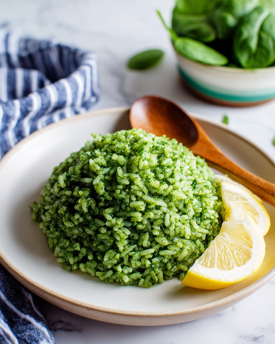 A white plate filled with one thick layer of green rice, showing clear separated grains with a textured look from herbs mixed in. On the right side of the plate, there are two lemon wedges placed close to the rice. A wooden spoon is resting on the rice, angled slightly towards the right. The background is a white marbled surface with a blue and white striped cloth in the upper left corner and fresh spinach leaves in a white dish with a green rim in the top right. photo taken with an iphone --ar 4:5 --v 7