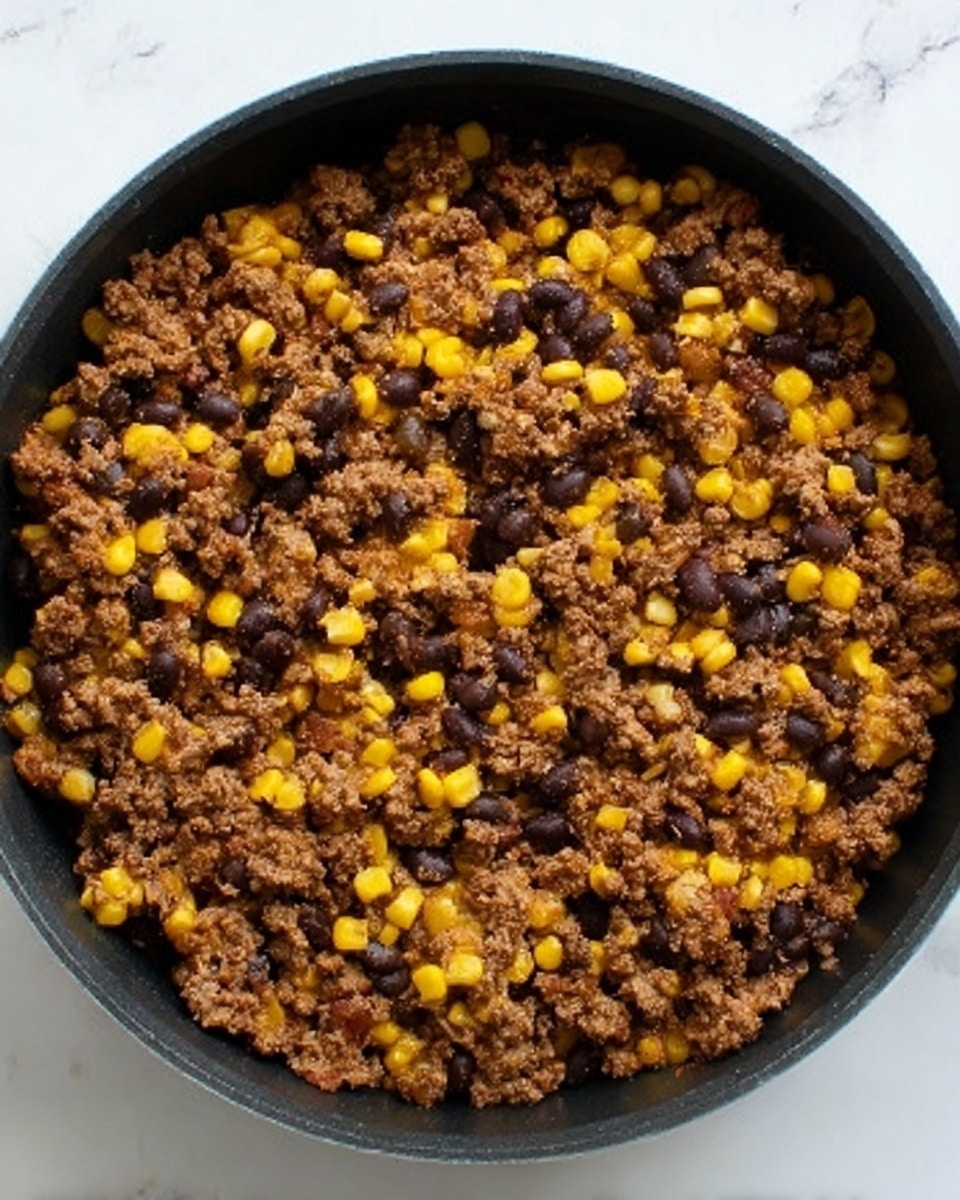 A top view of a black pan filled with cooked ground beef mixed with yellow corn and small black beans evenly spread throughout, sitting on a white marbled surface. The mixture has a crumbly and slightly moist texture with contrasting colors of dark brown, bright yellow, and black. The pan's edge is smooth and round, and the scene is simple without any additional items around. Photo taken with an iphone --ar 4:5 --v 7