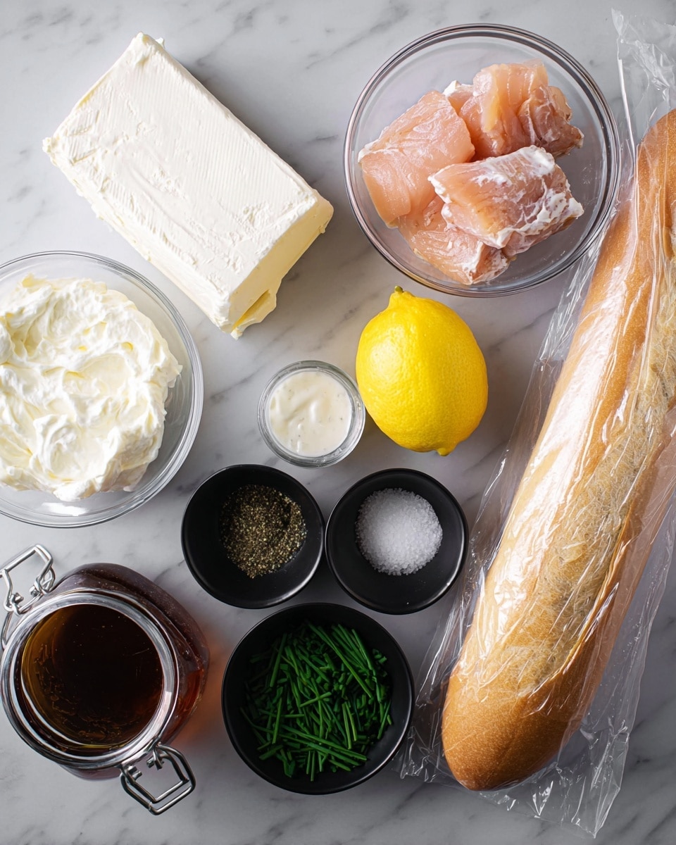 The image shows various ingredients placed on a white marbled surface. There is an unwrapped block of cream cheese that is smooth and white in the top left corner. Near it, a clear glass bowl holds light pink pieces of smoked salmon with a soft texture. Next to this, a bright yellow lemon sits whole. Below the salmon, another clear glass bowl contains thick white sour cream with a fluffy texture. On the right side, a long loaf of light brown baguette bread wrapped partially in clear plastic is visible. In the center, there are three small black bowls; one with coarse white salt, one with ground black pepper, and another with chopped green chives. At the bottom left, a small glass jar has dark amber honey inside, sealed with a clasp lid. Photo taken with an iphone --ar 4:5 --v 7