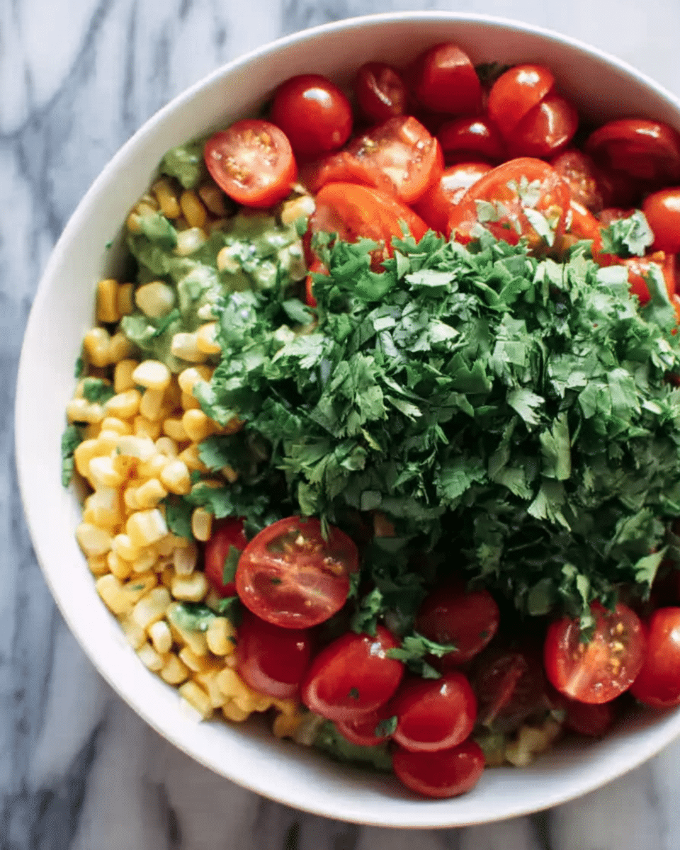 A white bowl filled with three visible layers: at the bottom is yellow corn mixed with small beans, above that are halved red cherry tomatoes, and on top is a thick layer of chopped green cilantro, all placed on a white marbled surface. Photo taken with an iphone --ar 4:5 --v 7