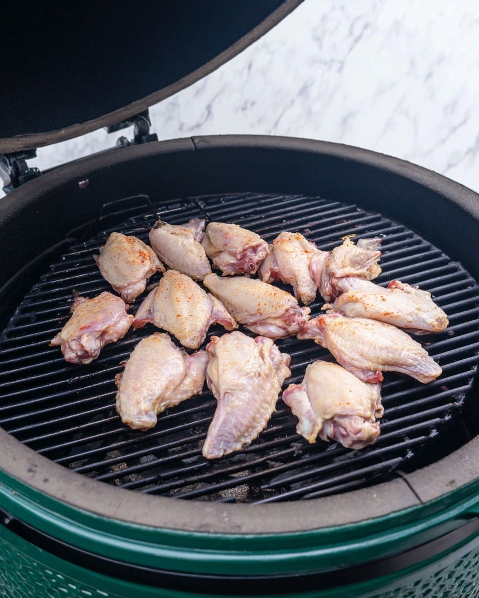 The image shows a round grill with the lid open, exposing a single layer of raw chicken wings placed close to each other on the black grill grate. The chicken wings have a pale pink color with some light reddish seasoning visible on the skin. The grill is dark inside, and the outer part of the grill is green with a textured surface. The background behind the grill features a white marbled texture. photo taken with an iphone --ar 4:5 --v 7