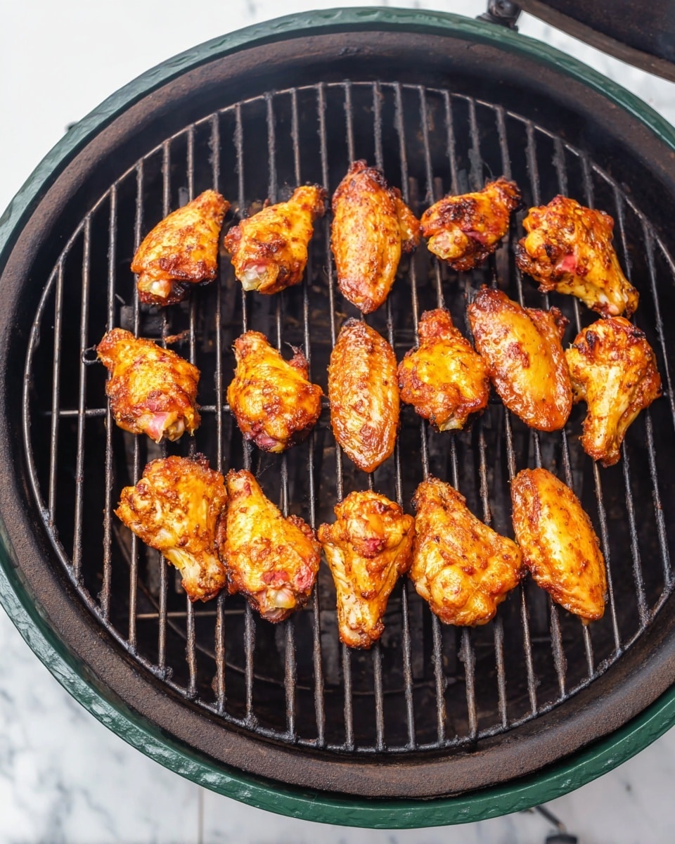 A black round grill with a dozen golden brown chicken wings placed in two rows on the grill grates, showing a crispy texture with some bits of light pink near the bones. The grill sits on a white marbled surface. Photo taken with an iphone --ar 4:5 --v 7