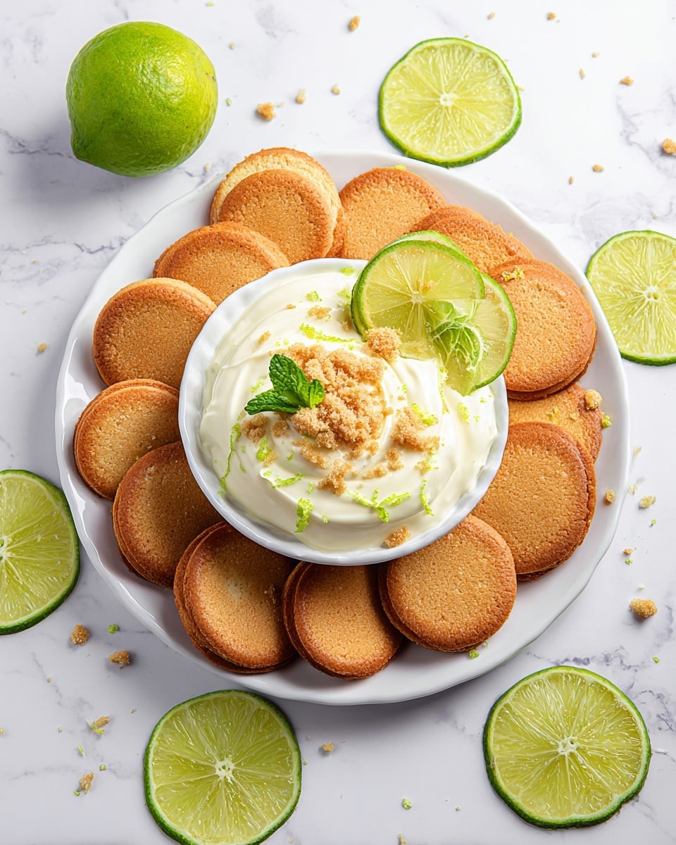 A white plate is filled with round, golden-brown cookies arranged in a circle, forming the base layer. In the center of the plate, there is a small white bowl filled with creamy white lime-flavored dip, which has a smooth and slightly thick texture. On top of the dip, there are small crumbled pieces of the same golden-brown cookies, two lime wedges, and a small sprig of green mint leaves. Surrounding the plate on the white marbled surface are several lime slices, showing bright green rinds and pale green flesh. Photo taken with an iphone --ar 4:5 --v 7