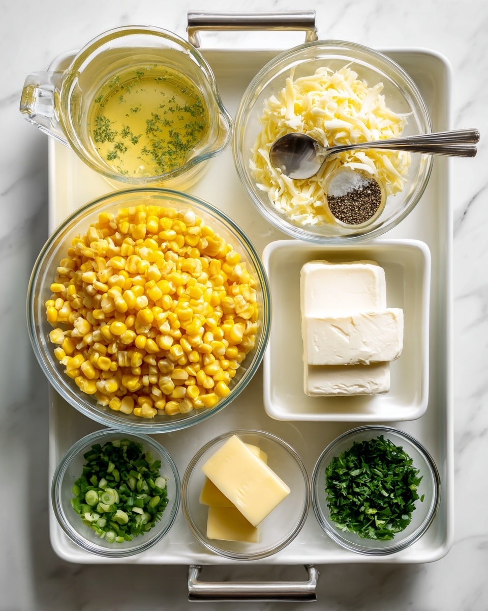 A large clear round bowl at the bottom left filled with bright yellow corn kernels, a clear measuring cup at the top left with light yellow broth showing herbs, a metal measuring spoon at the top center filled with shredded pale yellow cheese, a white rectangular container at the top right with smooth, creamy white cream cheese, a small clear bowl next to it with black pepper and salt, a small clear bowl below with chopped bright green scallions, a smaller clear bowl with two slices of pale yellow butter, and a metal measuring spoon at the bottom right filled with chopped dark green cilantro, all arranged neatly on a white tray with handles, placed on a white marbled surface photo taken with an iphone --ar 4:5 --v 7
