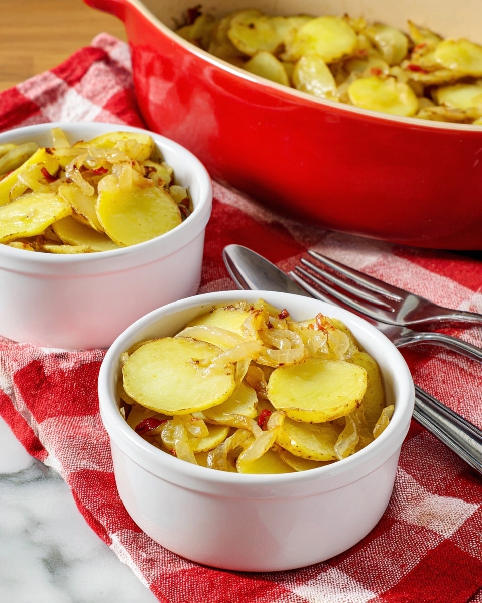Two white bowls each filled with thin yellow potato slices mixed with small pieces of cooked onion and bits of red pepper. The potatoes look soft with some browned edges, and the onions are translucent and slightly golden. Behind the bowls, there's a large red ceramic dish filled with the same potato and onion mix. The dishes are placed on a red and white checkered cloth, over a white marbled surface. Two silver forks lie next to the bowls. Photo taken with an iphone --ar 4:5 --v 7