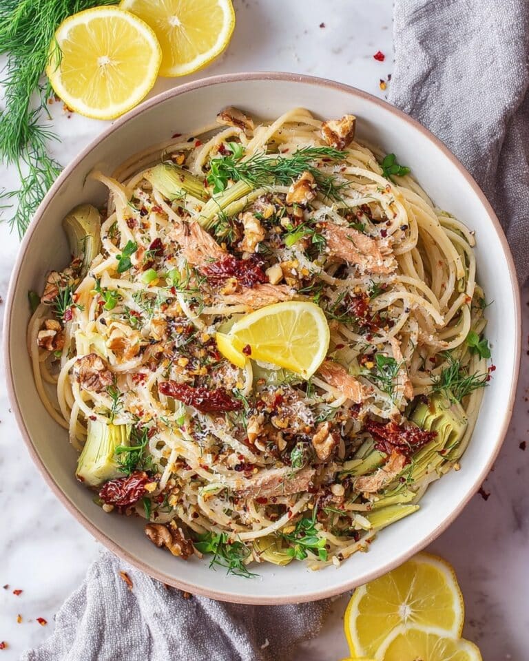 Tuna Pasta with Sun-Dried Tomatoes, Capers, Artichokes, and Walnuts Recipe