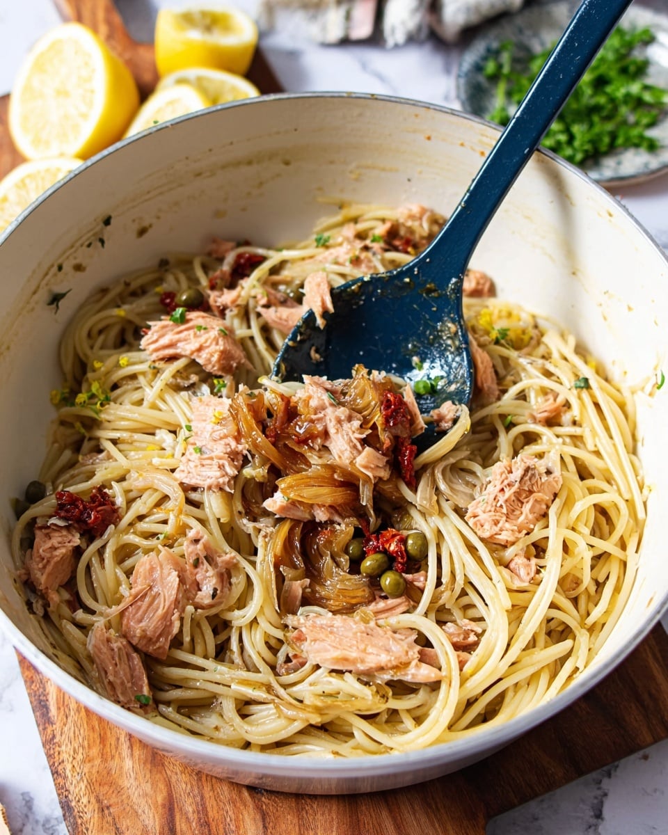 A white pan filled with light beige cooked spaghetti noodles as the base layer, mixed with pieces of light pink tuna, deep red sun-dried tomato slices, green capers, and pale brown artichoke pieces scattered throughout. On top, there are glossy chunks of golden brown caramelized garlic or onion with a slightly sticky texture. A dark blue spoon rests inside the pan, lifting some of the mixture. The pan is placed on a wooden board with lemon slices and green herbs blurred in the background, all on a white marbled surface. Photo taken with an iphone --ar 4:5 --v 7