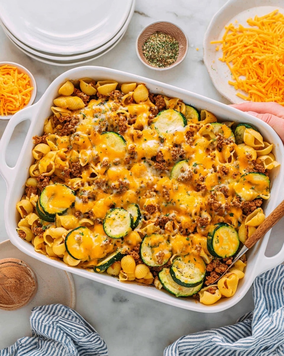 The dish shows a close-up of one layer of small white pasta shells mixed with cooked brown ground meat and yellow cooked squash slices, all coated in melted bright orange cheese with a creamy texture. Green chopped herbs are sprinkled on top for color. A silver fork holds a small serving, lifting it slightly from a white plate with a white marbled surface underneath and fresh green herb sprigs beside it. Photo taken with an iphone --ar 4:5 --v 7