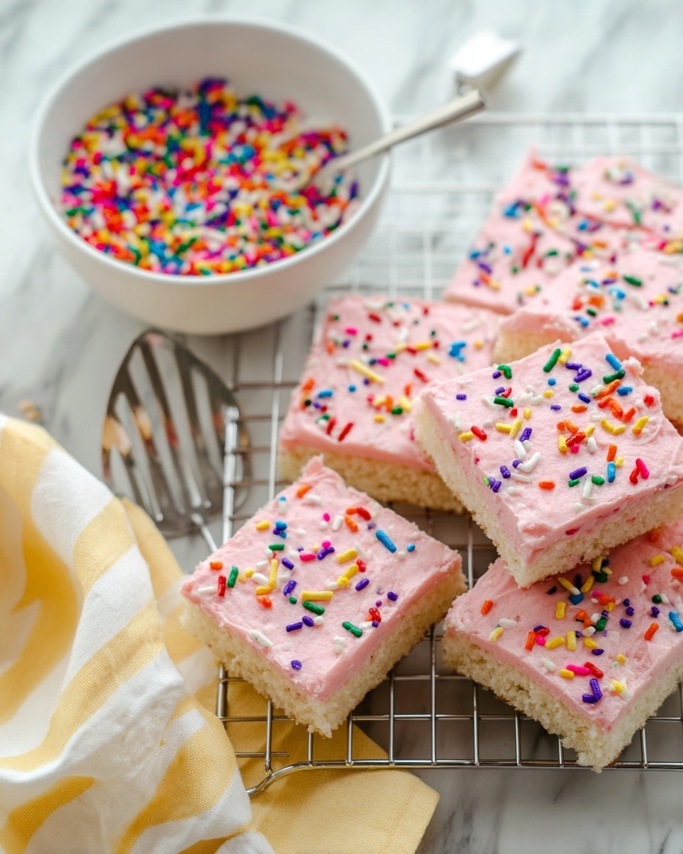 A close-up of several square white cake pieces stacked in an overlapping way on a metal cooling rack, each cake piece has a thick layer of light pink frosting on top with a rough spread texture, covered with colorful round and rod-shaped sprinkles in red, blue, green, yellow, orange, purple, and white. To the side, there is a white bowl filled to the top with more colorful sprinkles, sitting on a white marbled surface with a soft yellow cloth with white stripes underneath. A metal spatula with a white handle leans against the cloth near the cooling rack. Photo taken with an iphone --ar 4:5 --v 7