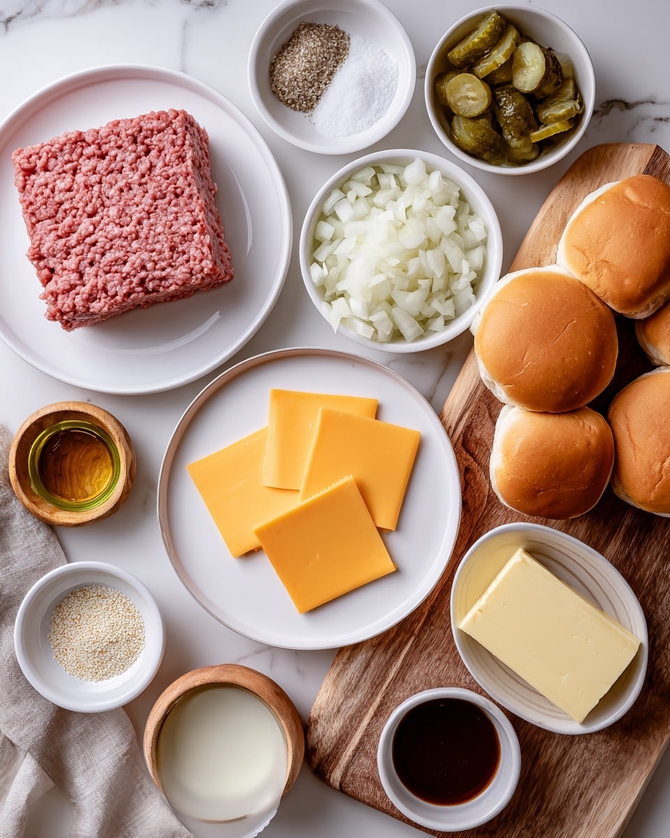 The image shows all the ingredients needed to make sliders, arranged neatly on a wooden surface. There is a white plate with a block of raw ground meat that is pink with a slightly grainy texture. Next to it, a white plate holds four bright orange, thin, square slices of cheese. A bowl of chopped white onions sits nearby, showing small, uneven pieces with a glossy look. Another small bowl contains several round, green pickle slices stacked slightly unevenly. A cluster of soft, golden brown slider buns is placed together. Various small bowls and plates hold seasonings and condiments: a white plate with small piles of salt, pepper, and two types of breadcrumbs; a small wooden bowl with pale sesame seeds; a small clear bowl with yellow cooking oil; a white bowl with light yellow butter; and a small white dish filled with dark brown sauce. The scene is clean with a white marbled background. Photo taken with an iphone --ar 4:5 --v 7