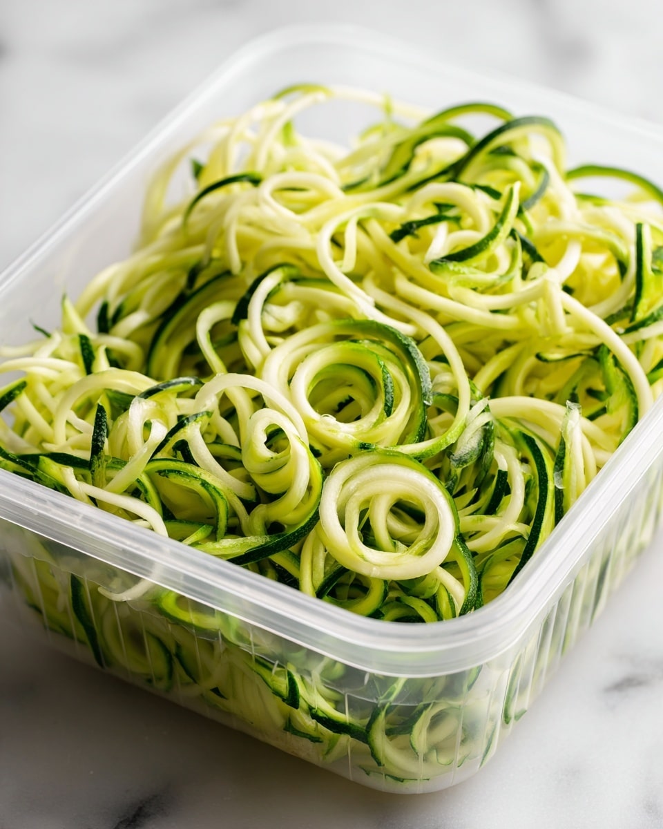 The image shows a clear plastic container filled with light green and dark green spiral-shaped vegetable noodles, likely zucchini spirals. The spirals fill the container to the top, with a mix of thick and thin round curls stacked loosely inside. The container sits on a white marbled surface, and in the background, there is a dark blurry object, likely a bowl or part of the kitchen. Photo taken with an iphone --ar 4:5 --v 7