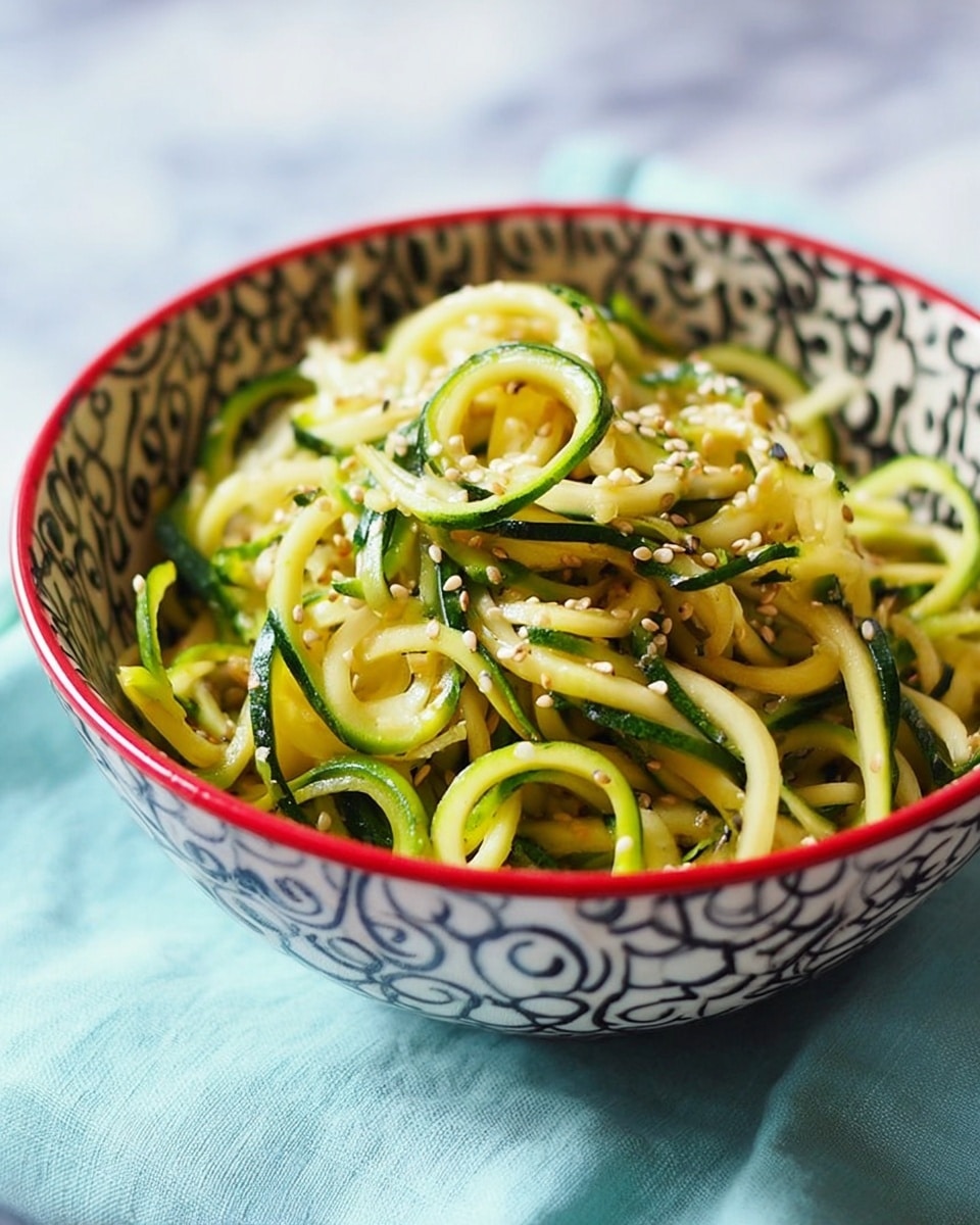 The image shows a patterned bowl filled with a mix of green and yellow spiralized zucchini noodles. The noodles look fresh and slightly shiny, tossed together with a light sauce. White sesame seeds are sprinkled on top, adding small white dots over the noodles. The bowl is placed on a light blue cloth, with a soft focus background that gives a calm, inviting feeling. The bowl itself has black and yellow decorative patterns inside with a red rim, sitting on a white marbled surface. photo taken with an iphone --ar 4:5 --v 7