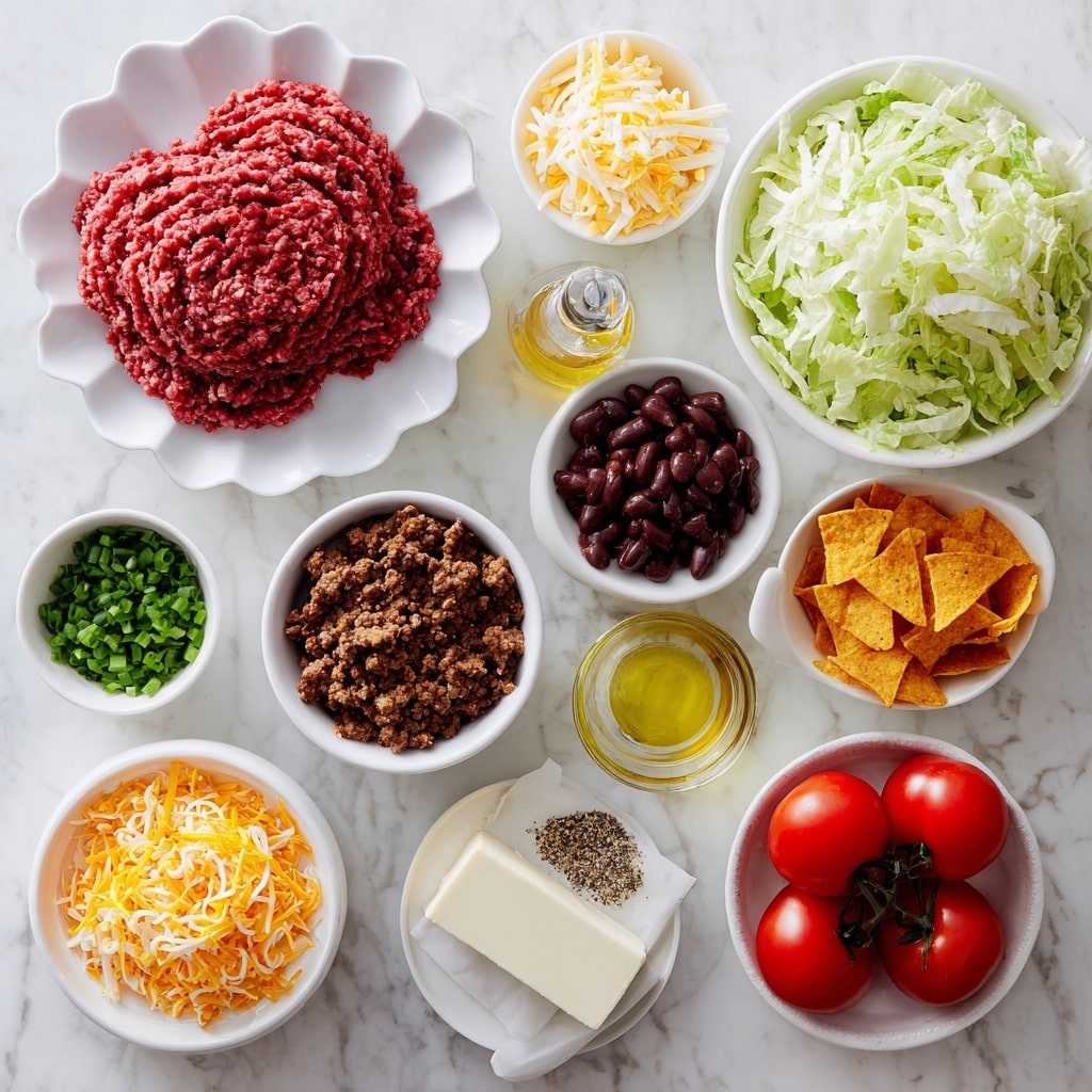 The image shows various ingredients arranged neatly on a white marbled surface. In the center, there is a white scalloped dish holding raw ground beef in two thick, textured layers of deep red. Above that is a white bowl filled with shredded Monterey Jack cheese, soft and finely shredded with a pale yellow color. Next to it, on a small white plate, is a solid block of cream cheese, smooth and white. To the right, a large white bowl contains shredded iceberg lettuce, light green and crisp. Below the lettuce is a small white bowl with bright green chopped spring onions. Around the main dishes are smaller bowls with yellow shredded cheddar cheese, finely chopped onions in white tones, and a mixture of ground taco seasoning spices in light brown. Red cherry tomatoes rest on a white plate alongside a clear container of golden olive oil. Other ingredients include glossy black olives in a white small cup, chunky salsa with red tomato pieces in a white bowl, orange Fritos in a white bowl, canned tomatoes in a white bowl, and a small dish of salt and pepper. The setup is clean and organized, showing vibrant colors and textures of each ingredient photo taken with an iphone --ar 4:5 --v 7