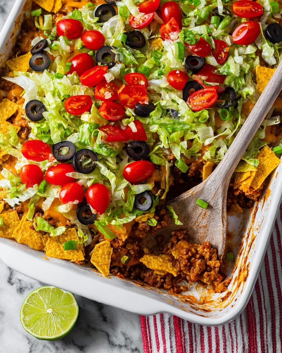 A white rectangular baking dish filled with a layered taco casserole. The base layer is a mix of cooked ground meat and melted cheese with a golden crunchy layer of crushed yellow corn chips on top. Over this, there is a fresh layer of shredded green lettuce scattered evenly, topped with bright red halved cherry tomatoes and black olive slices. Some chopped green onions are sprinkled all over the top. A wooden spoon with some of the casserole and fresh toppings rests inside the dish on the right side. There is a wedge of lime in the bottom left corner. The dish is set on a white marbled surface. photo taken with an iphone --ar 4:5 --v 7