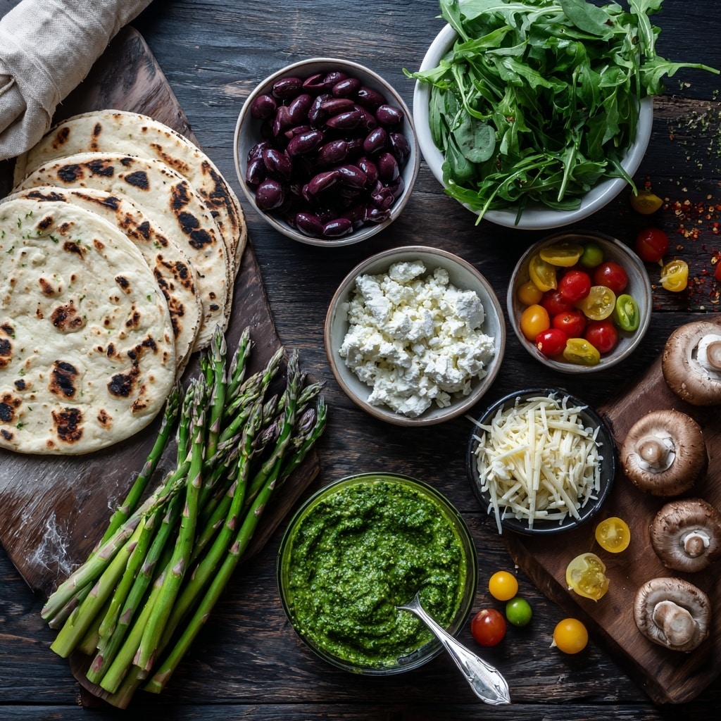 The image shows fresh food ingredients laid out on a dark wooden surface replaced with a white marbled texture, each in clear small bowls or spread out naturally. There is a stack of two flatbreads with slight char marks wrapped partly in a beige cloth on the left side. Next to the flatbreads, there is a small bowl filled with dark purple olives and another bowl of white crumbly feta cheese. A bunch of green asparagus with purple tips lies diagonally across the center. Near the top, a white bowl holds a mix of green arugula and spinach leaves with some loose leaves scattered nearby. Fresh brown mushrooms are placed in a line next to the bowl and near yellow and red small cherry tomatoes, some whole and some sliced in half. Two small bowls contain shredded white mozzarella cheese and red chili pepper flakes. In the middle, there is a glass bowl filled with bright green pesto with a silver spoon resting inside. The colors are vibrant, textures fresh and natural. Photo taken with an iphone --ar 4:5 --v 7