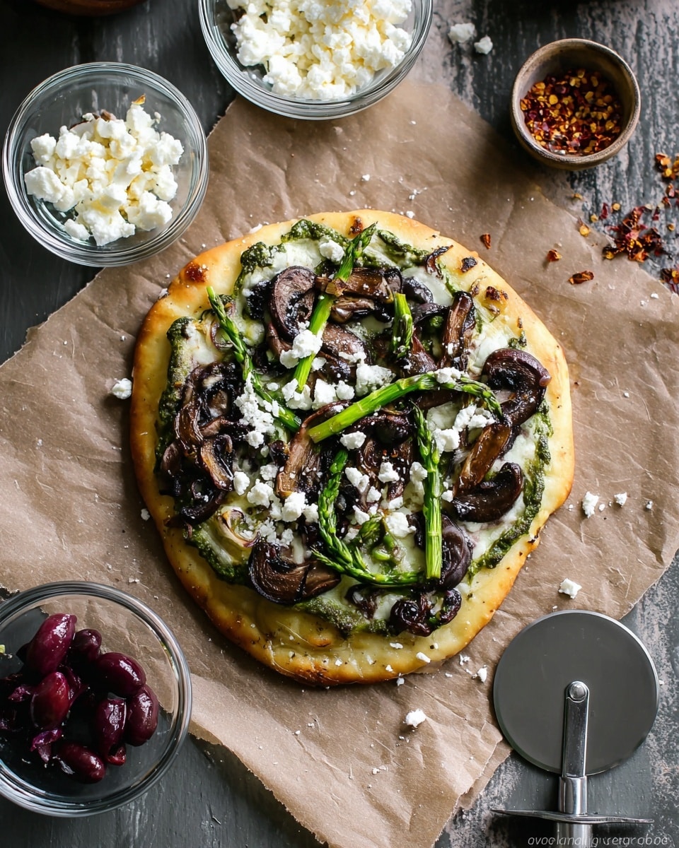 A small round flatbread pizza sits on brown parchment paper over a dark wood table, which has been replaced with a white marbled texture. The pizza has three visible layers: the bottom golden-brown crust, a middle green pesto sauce layer, and a top layer with cooked dark brown mushroom slices, green thin strips of asparagus or similar vegetable, white melted cheese sprinkled with crumbled white cheese. Around the pizza are small clear glass bowls with crumbled white cheese, dark purple olive slices, and red chili flakes. A silver pizza cutter rests on the right side of the parchment paper. Photo taken with an iphone --ar 4:5 --v 7
