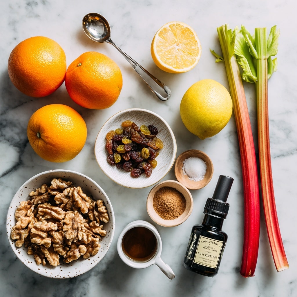 This image shows fresh ingredients on a white marbled surface. At the top left, there are two whole citrus fruits, one orange and one lemon, both bright and textured. To the right, long fresh rhubarb stalks with red and green colors lie vertically. In the center, a white bowl with a dotted edge holds golden and dark raisins with a wrinkled texture. Below it, a small light brown bowl contains ground cinnamon and a pinch of salt. At the bottom left, a white bowl is filled with large walnuts, showing their rough, uneven surfaces. Nearby, a bottle of dark vanilla extract and a white cup with thick dark maple syrup add contrast. A silver measuring spoon is on the left side. Photo taken with an iphone --ar 4:5 --v 7