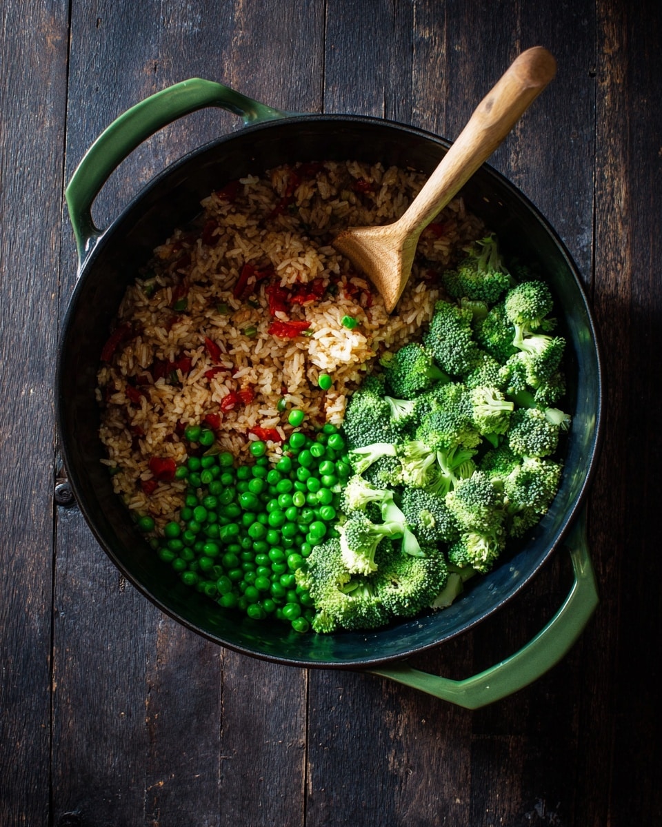 Inside a large black pot with green handles, there are three visible layers of food. The bottom layer is fried rice, which is light brown with pieces of red pepper mixed in. The middle layer contains bright green peas on the left side. The top layer, on the right side, is made of fresh broccoli florets that are light to medium green. A wooden spoon with a light brown handle is inside the pot, resting on the fried rice. The pot is placed on a dark wooden surface. photo taken with an iphone --ar 4:5 --v 7