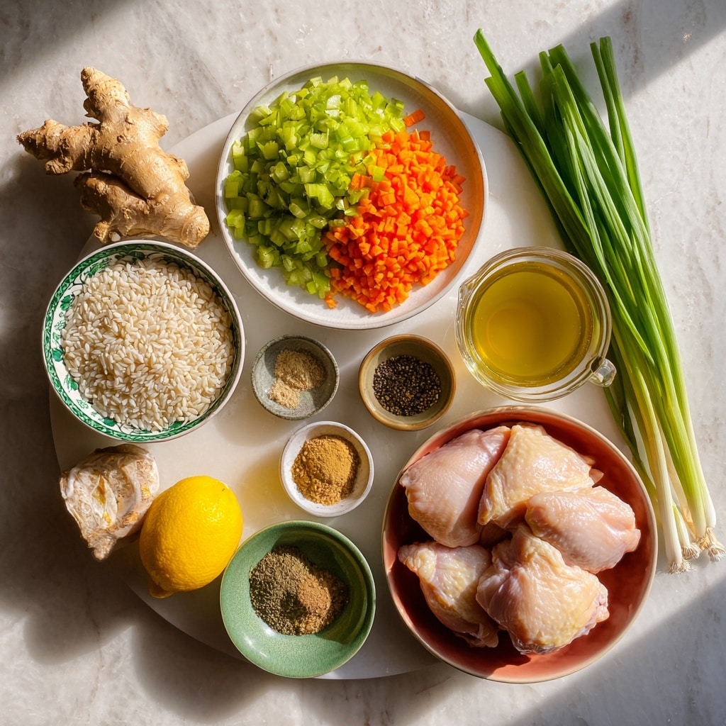 A large white oval plate with a white marbled surface holds a variety of ingredients, arranged neatly. At the top center is a round white plate with finely chopped celery on the left side in light green color and chopped carrots on the right side, bright orange and finely diced. To the right of this plate, fresh green scallions with long green stalks lie on the marbled surface next to a whole bright yellow lemon. Below the plate, a small white bowl with a green floral rim contains uncooked white rice grains. To the left of the rice, a whole fresh ginger root with a rough tan skin is placed next to a small white bowl filled with mixed spices in shades of dark brown, black, and bright yellow. Below the spices, a small green bowl holds a pale brown miso paste. Next to the miso paste, a small clay bowl contains chopped garlic in small white pieces. At the bottom right on a bright red round plate, raw chicken thighs with pale pink skin are stacked. To the right of the chicken pieces, a glass measuring cup filled with golden broth sits beside a cinnamon stick. The whole layout is on a white marbled textured surface with bright natural light casting soft shadows. Photo taken with an iphone --ar 4:5 --v 7