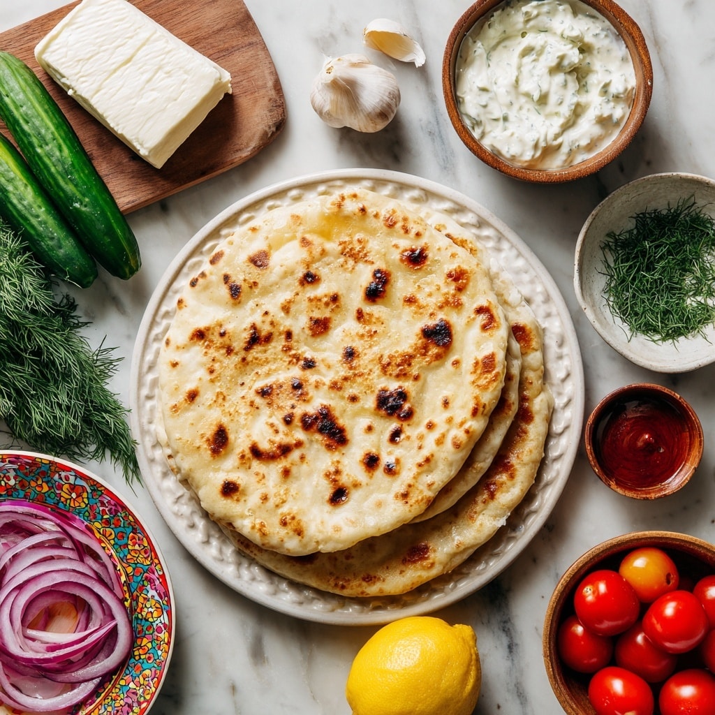 A round stack of soft pita bread with light brown spots sits on a white plate with decorative edges on a white marbled surface. Near the top left, a wrapped block of white halloumi cheese is visible. Two fresh green cucumbers sit next to a small wooden bowl of thick white tzatziki sauce with bits of green herbs. A single clove of white garlic rests on a small brown dish above the tzatziki. A small white bowl filled with finely chopped bright green dill is placed to the right of the pita. Below the plate, a halved lemon with a yellow interior is next to a bowl of smooth, golden honey and another bowl holding thinly sliced, purple-red onions on a colorful patterned plate. Bright red and yellow cherry tomatoes fill a small wooden bowl. Two small brown bowls hold red harissa sauce and deep red wine vinegar, completing the fresh ingredients arranged neatly in a flat lay view. photo taken with an iphone --ar 4:5 --v 7