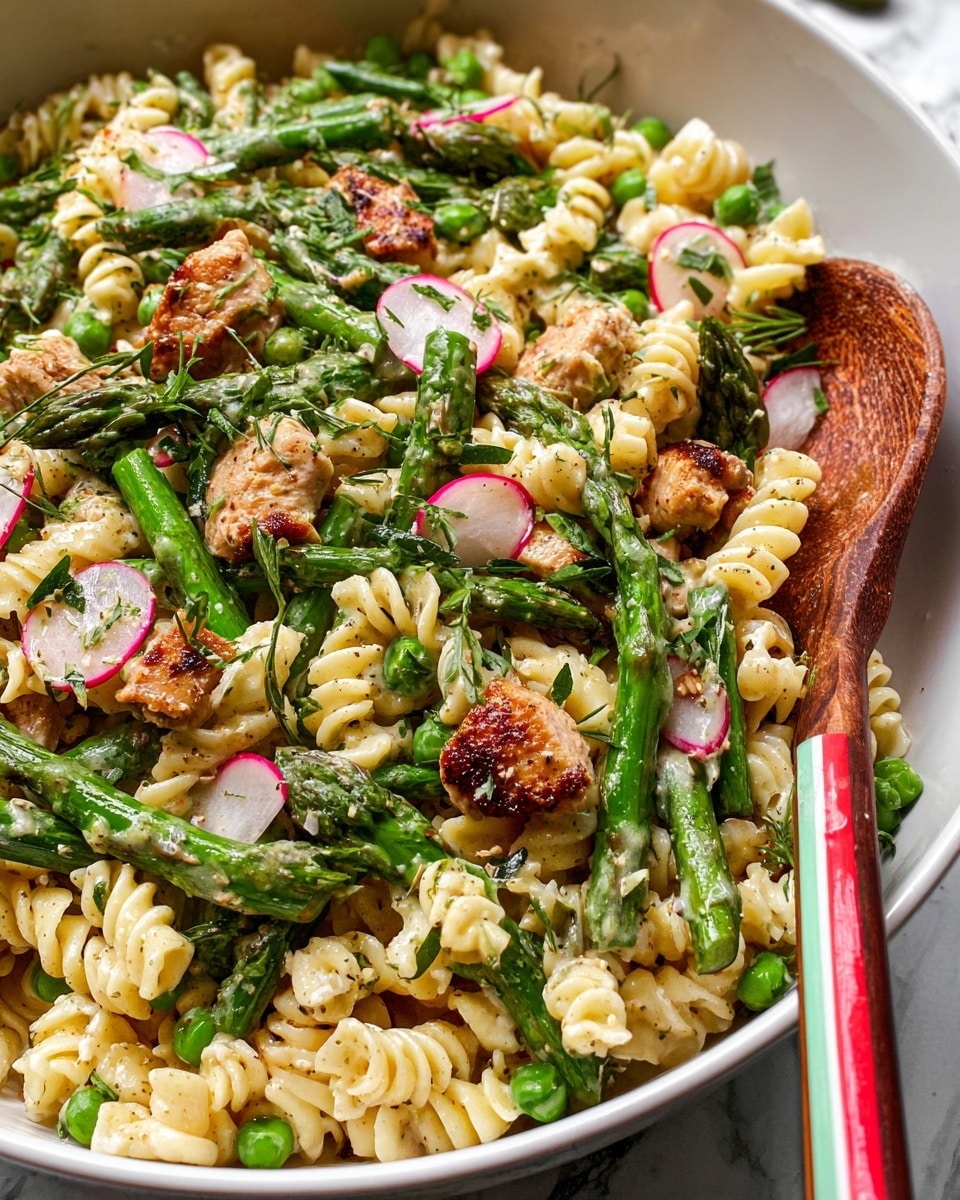 A close-up view of a white bowl filled with three main layers: the bottom layer is light yellow spiral pasta with a soft, smooth texture; scattered above it are bright green asparagus pieces and peas, some sliced thinly, adding a fresh, crisp look; on top, there are small pieces of grilled chicken with a browned, slightly crispy texture, mixed with thinly sliced radishes showing white centers and pink edges, and fresh green herbs sprinkled all over. The dish is lightly coated with a grainy mustard dressing, giving it a speckled look. A colorful wooden spoon with red, white, and green stripes rests in the bowl. The background surface is white marble. Photo taken with an iphone --ar 4:5 --v 7