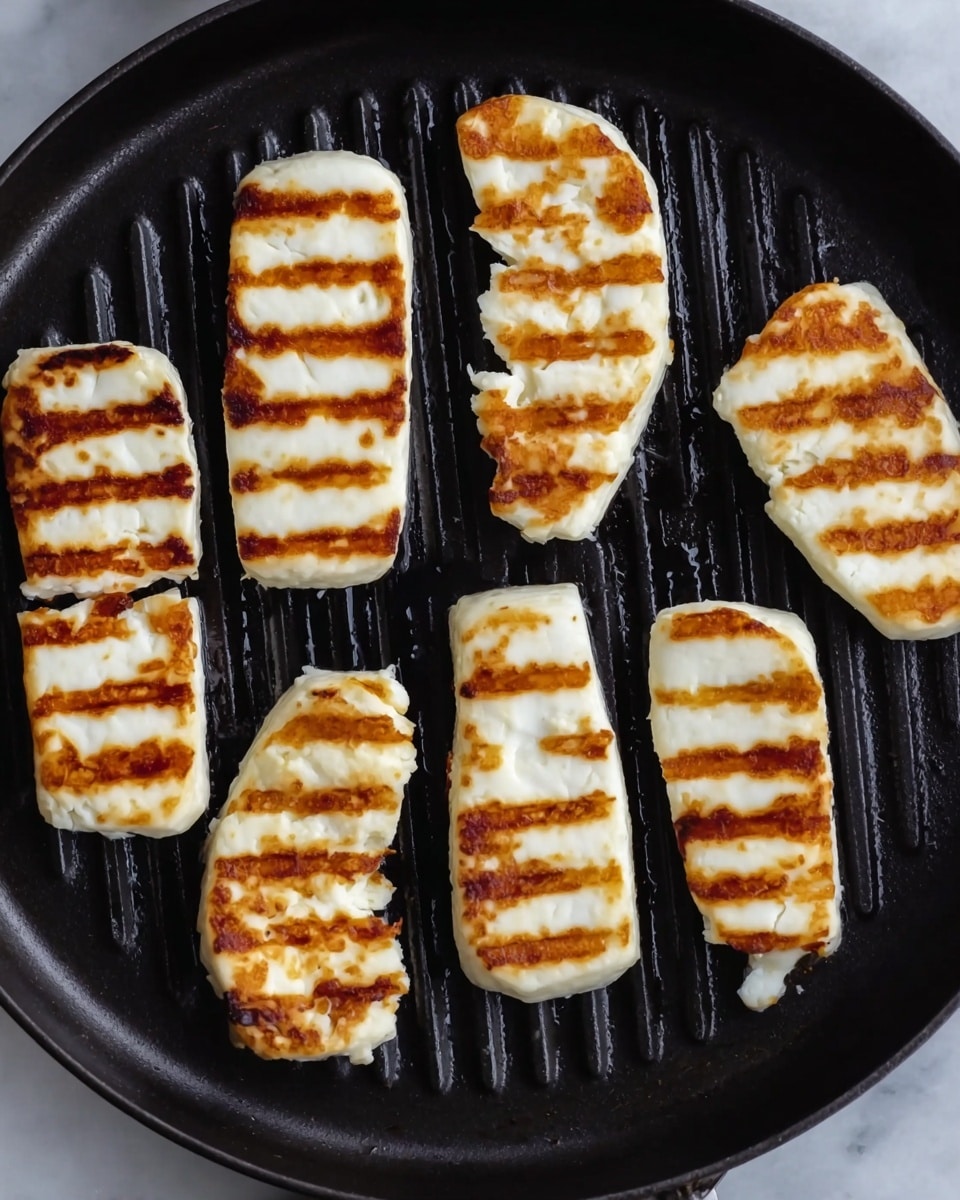 The image shows seven pieces of halloumi cheese grilling on a black round grill pan with ridges. Each cheese piece is white with golden brown grill marks, evenly spaced and running horizontally. The cheese has a slightly firm texture with a few pieces showing small cracks and uneven edges. The background beneath the pan is a white marbled surface. Photo taken with an iphone --ar 4:5 --v 7